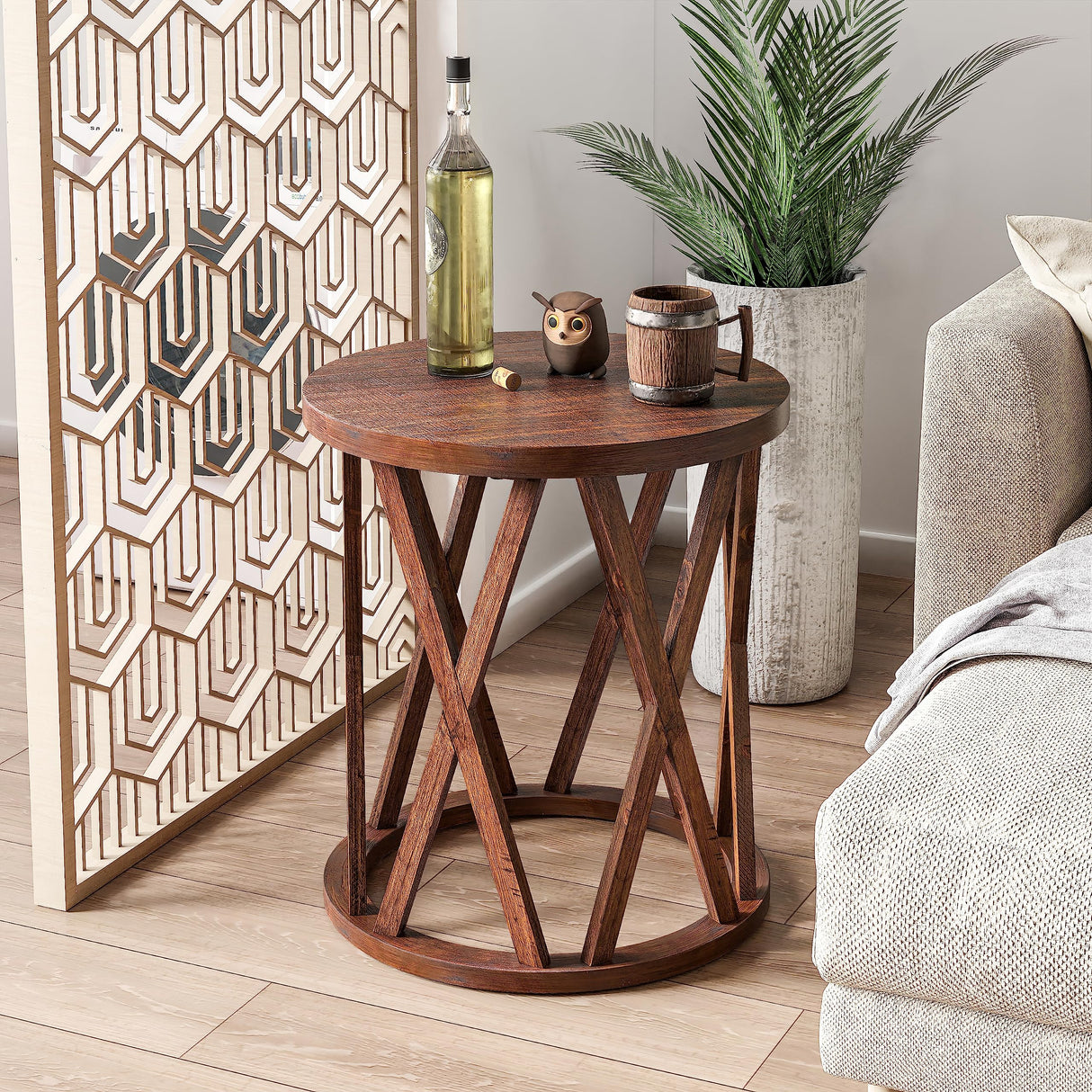 Farmhouse End Table, Rustic Round Side Table with X-Motifs Legs, Wood Textured Top