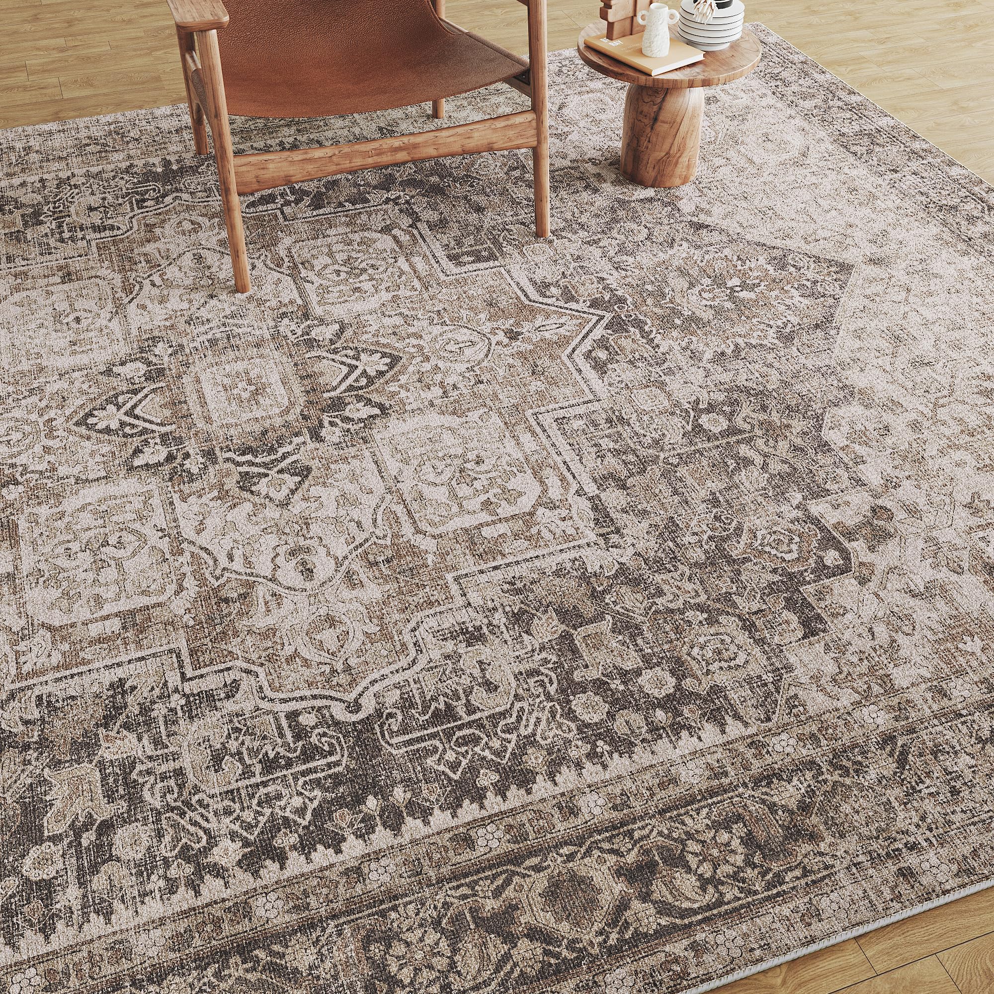 Vintage Area Rug 4x6 Washable Rug Non Slip Kitchen Brown Multi Indoor Living Room