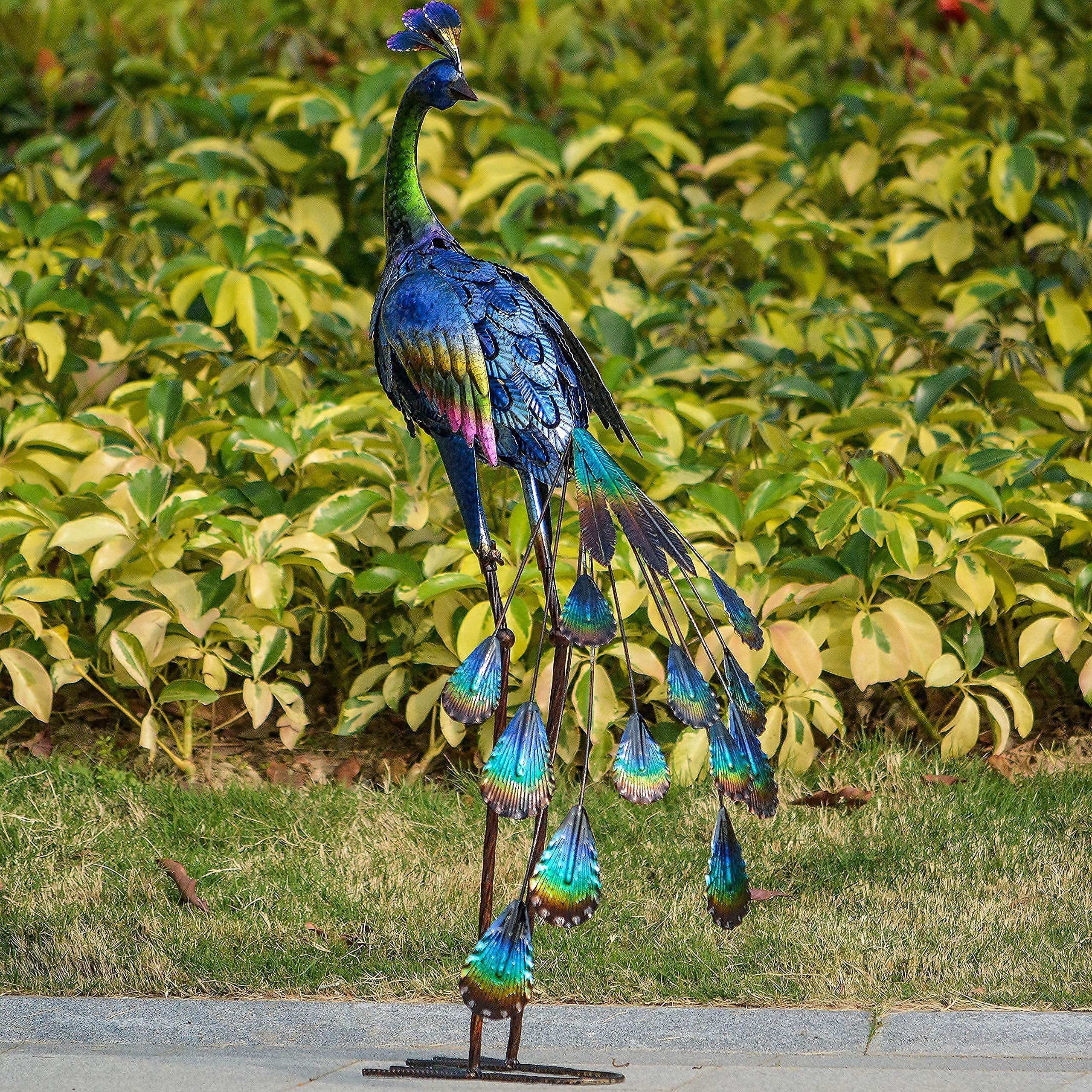 40.7 inch Metal Blue Heron Garden Statues +35 inch Peacock Sculpture for Garden Decor