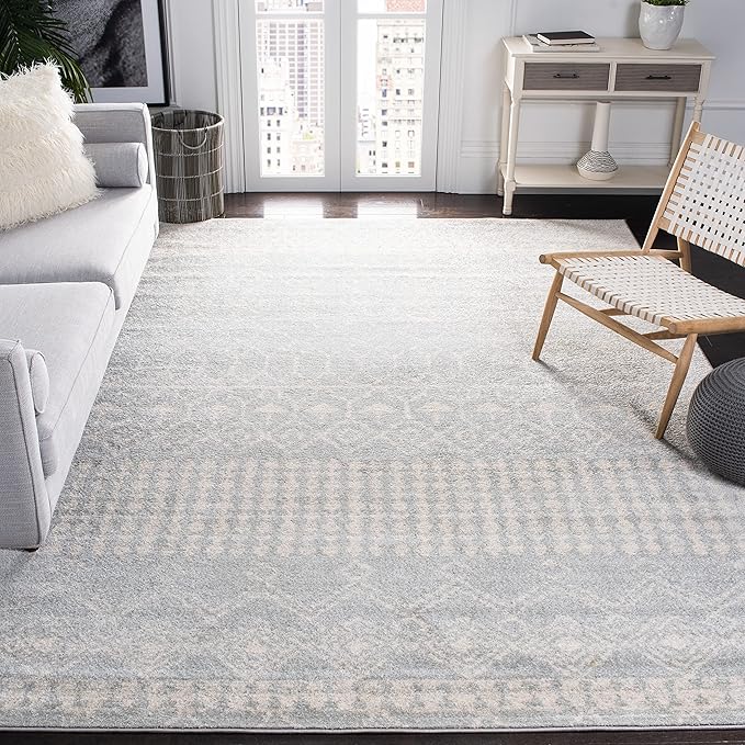 Tulum Collection Area Rug - 8' x 10', Light Grey & Ivory, Moroccan Boho Distressed Design