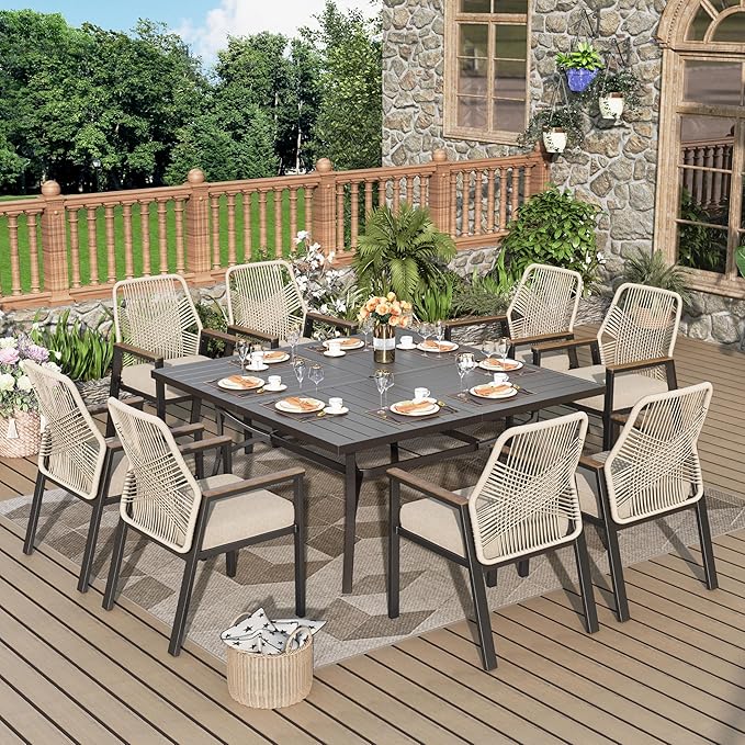 7 Pieces Outdoor Patio Dining Set, Wicker Patio Dining Set of 6 Rattan Chairs