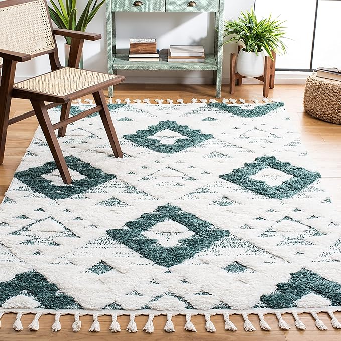 Moroccan Tassel Shag Collection Area Rug - 6'7" Square, Ivory & Brown