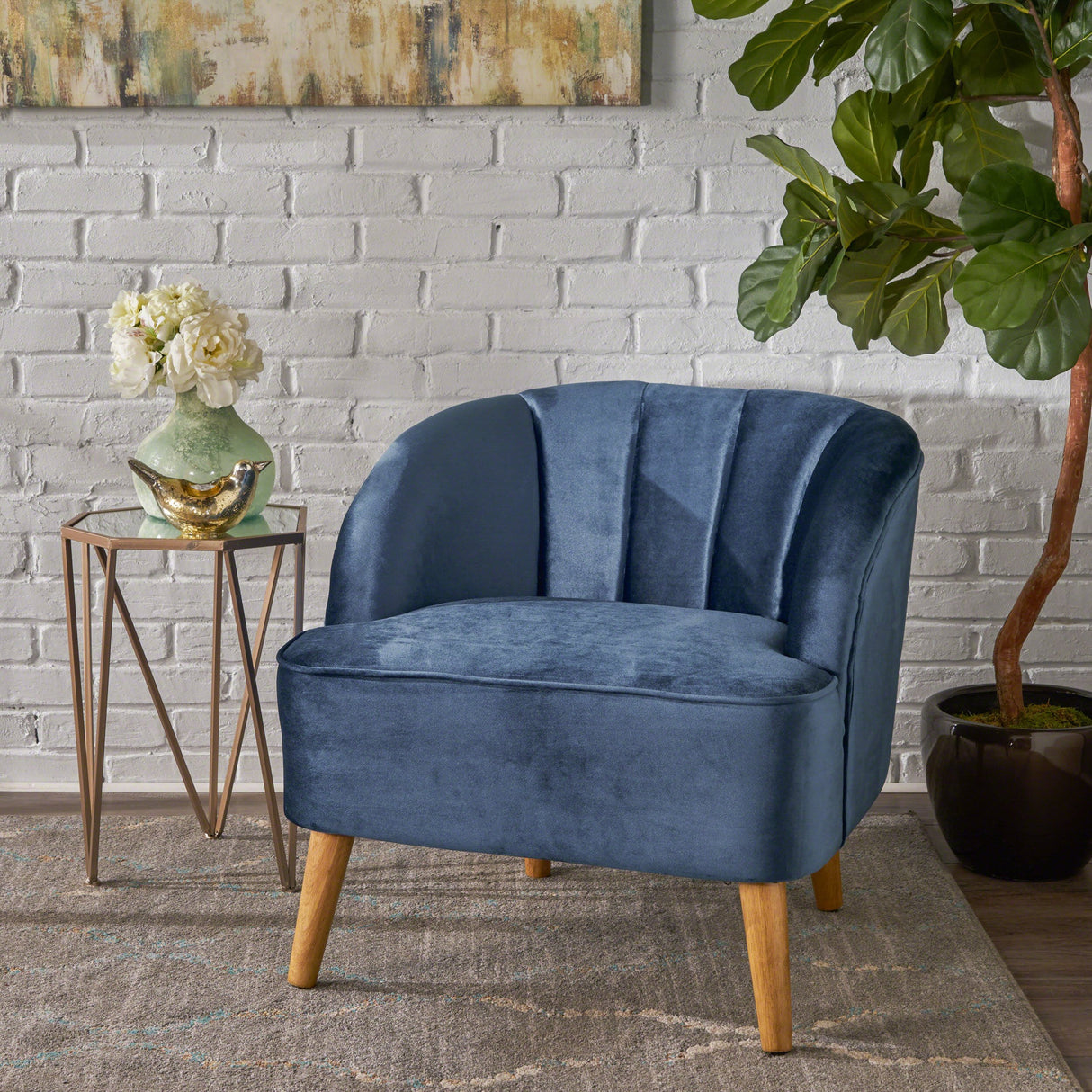 Amaia Modern Velvet Club Chair, Cobalt / Walnut