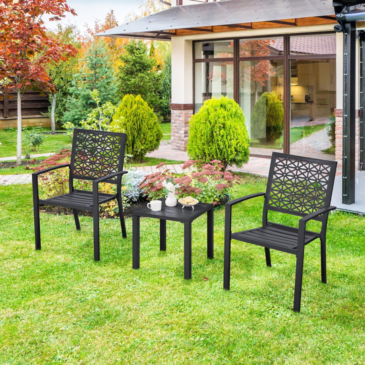 Outdoor Patio Dining Chairs Set of 2 with Armrests and Metal Frame