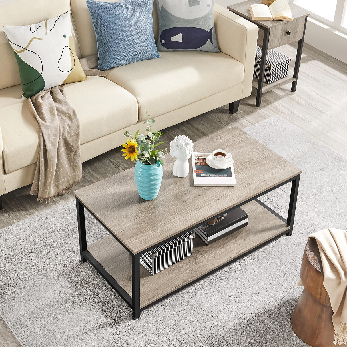 Coffee Table Tea Table with Metal Frame, Coffee Table with Open Storage Shelf