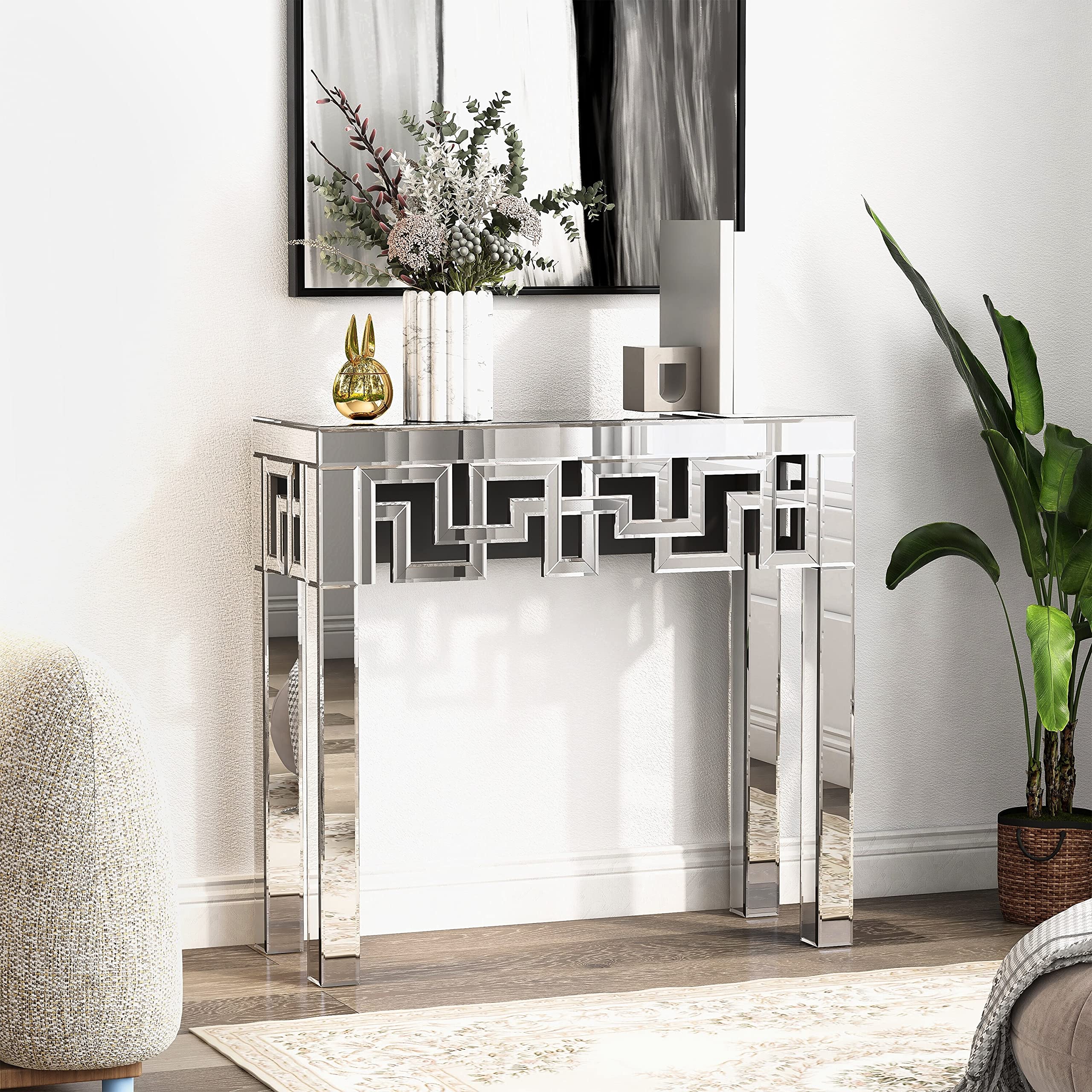 Venetian Mirrored Console Table - Clear Glass Glam Rectangular