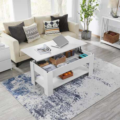 Coffee Table with Hidden Compartment and Storage Shelf, Rising Tabletop Dining Table