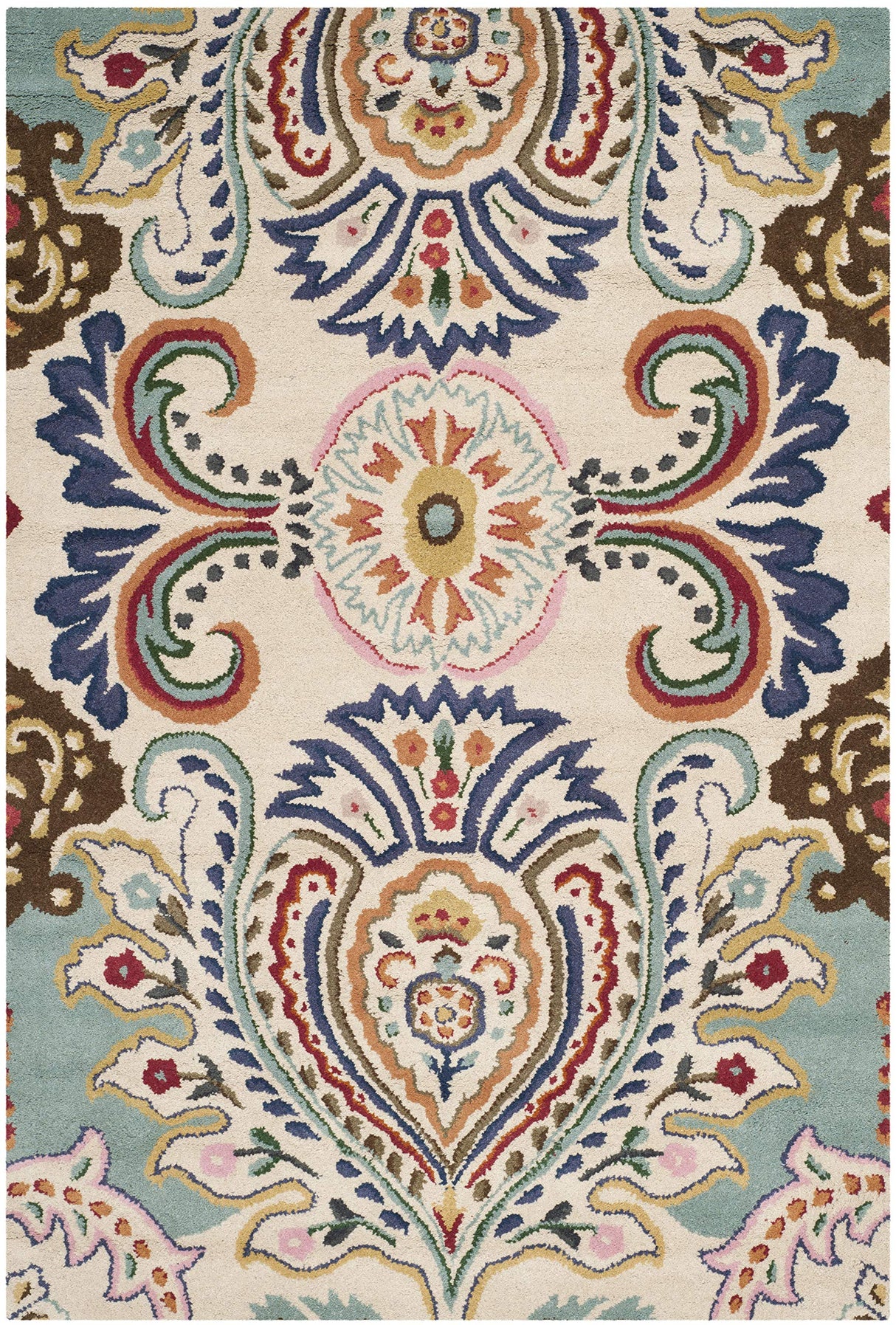 Bella Collection 4' x 6' Ivory/Blue BEL118A Handmade Boho Premium Wool Area Rug