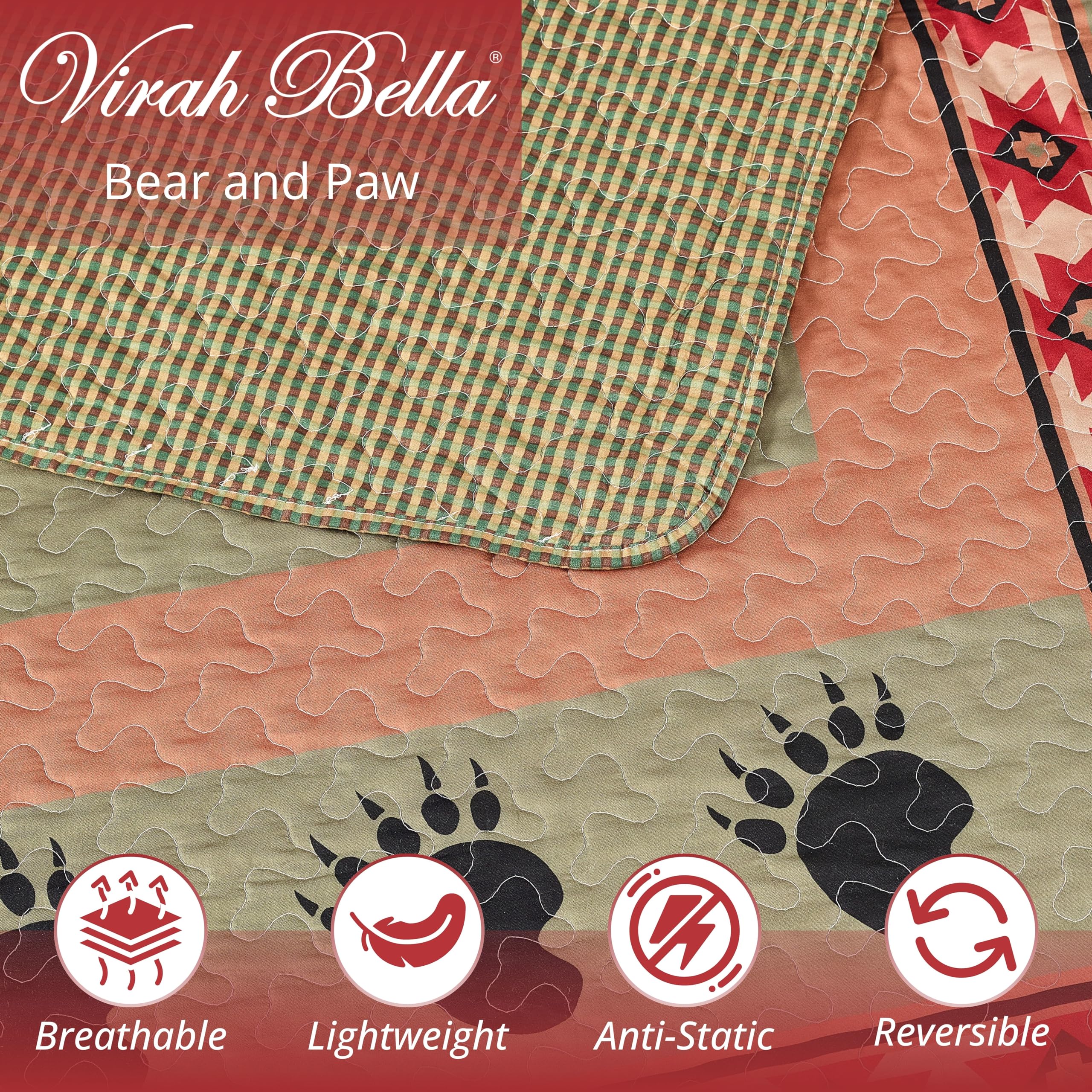 3 Piece Full/Queen Cabin Quilt Bedding Set - Bear and Paw - Rustic Country Reversible