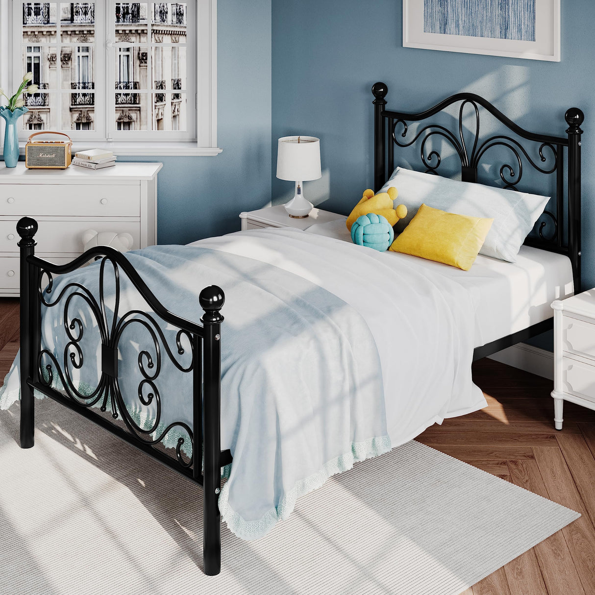 Twin Size Bed Frame for Kids,Metal Bed Frame with Butterfly Pattern Design Headboard