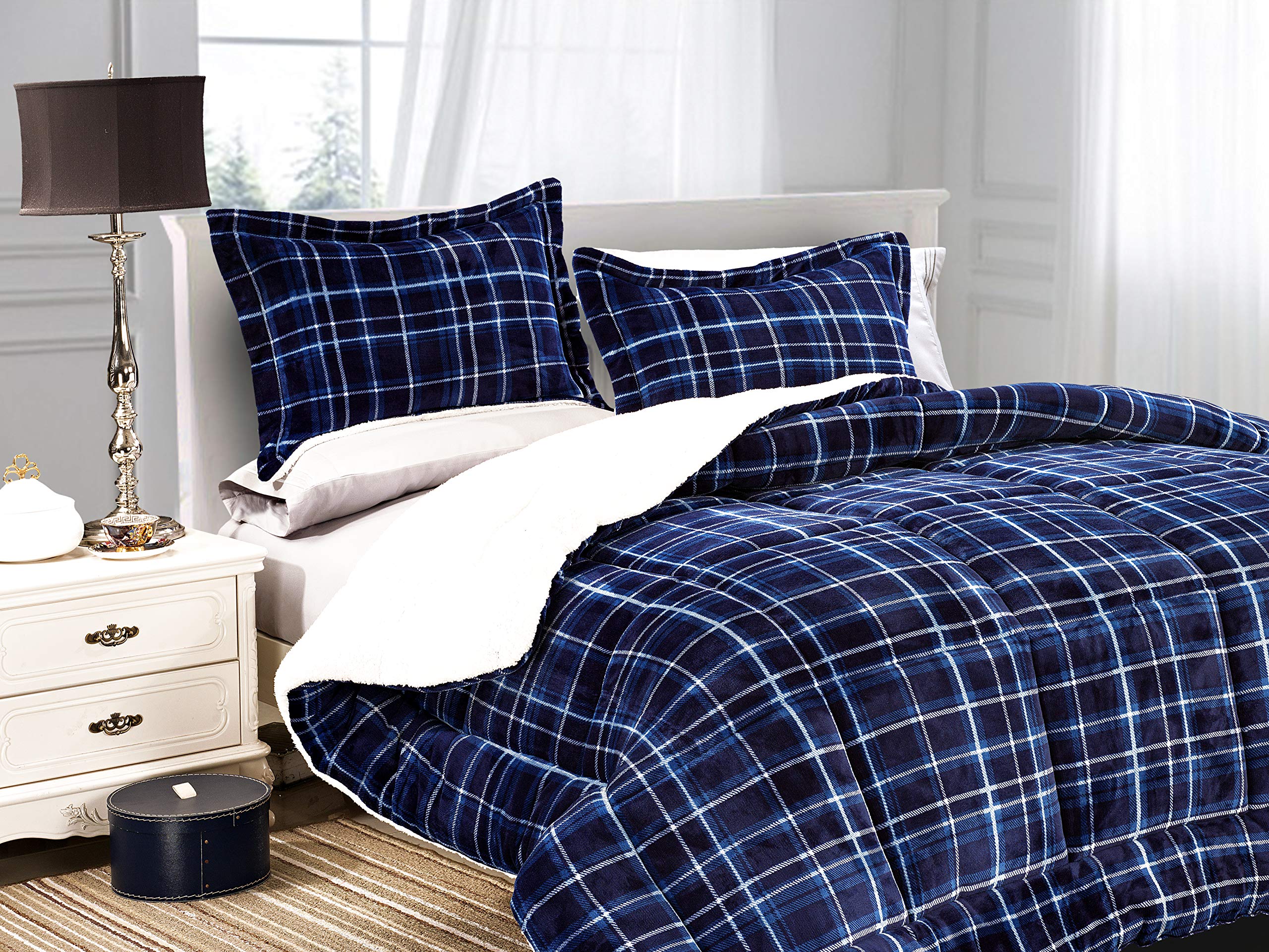 Comfort Softest, Coziest Heavy Weight Plaid Pattern Micromink Sherpa-Backing Premium Quality Down Down