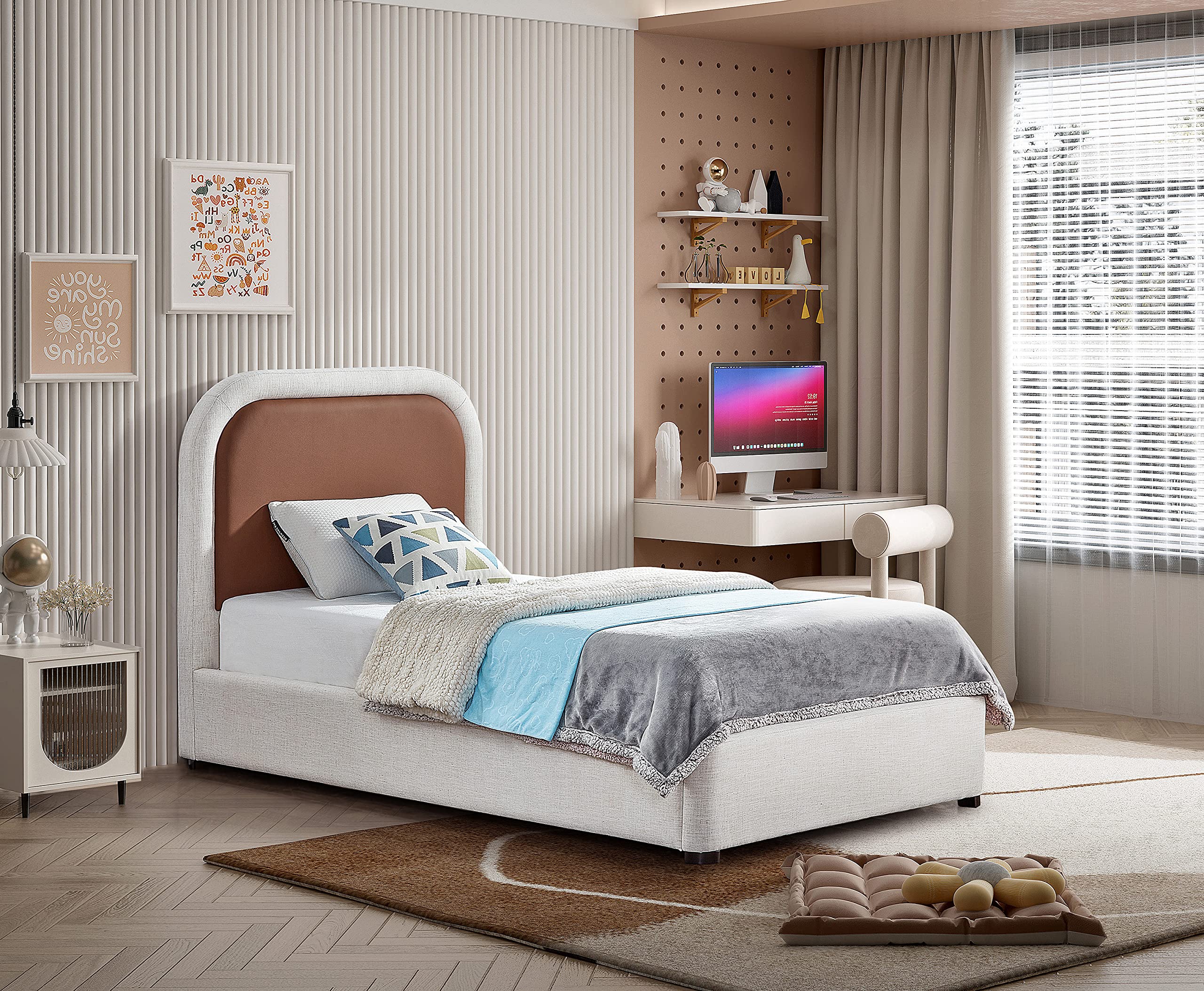 Blake Collection Modern | Contemporary Twin Bed with Soft Brown Vegan Leather, Rich