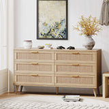 6 Drawer Double Dresser for Bedroom, Rattan Chest of Dressers