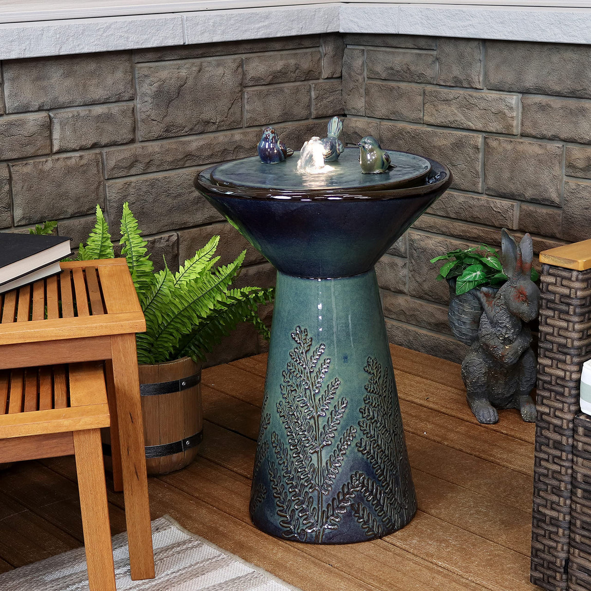Gathering Birds 28-Inch Outdoor Garden Fountain - Outdoor Water Feature with LED Lights