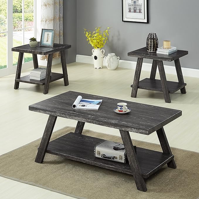 Athens Contemporary 3-Piece Wood Shelf Coffee Table Set, 24D x 48W x 19H