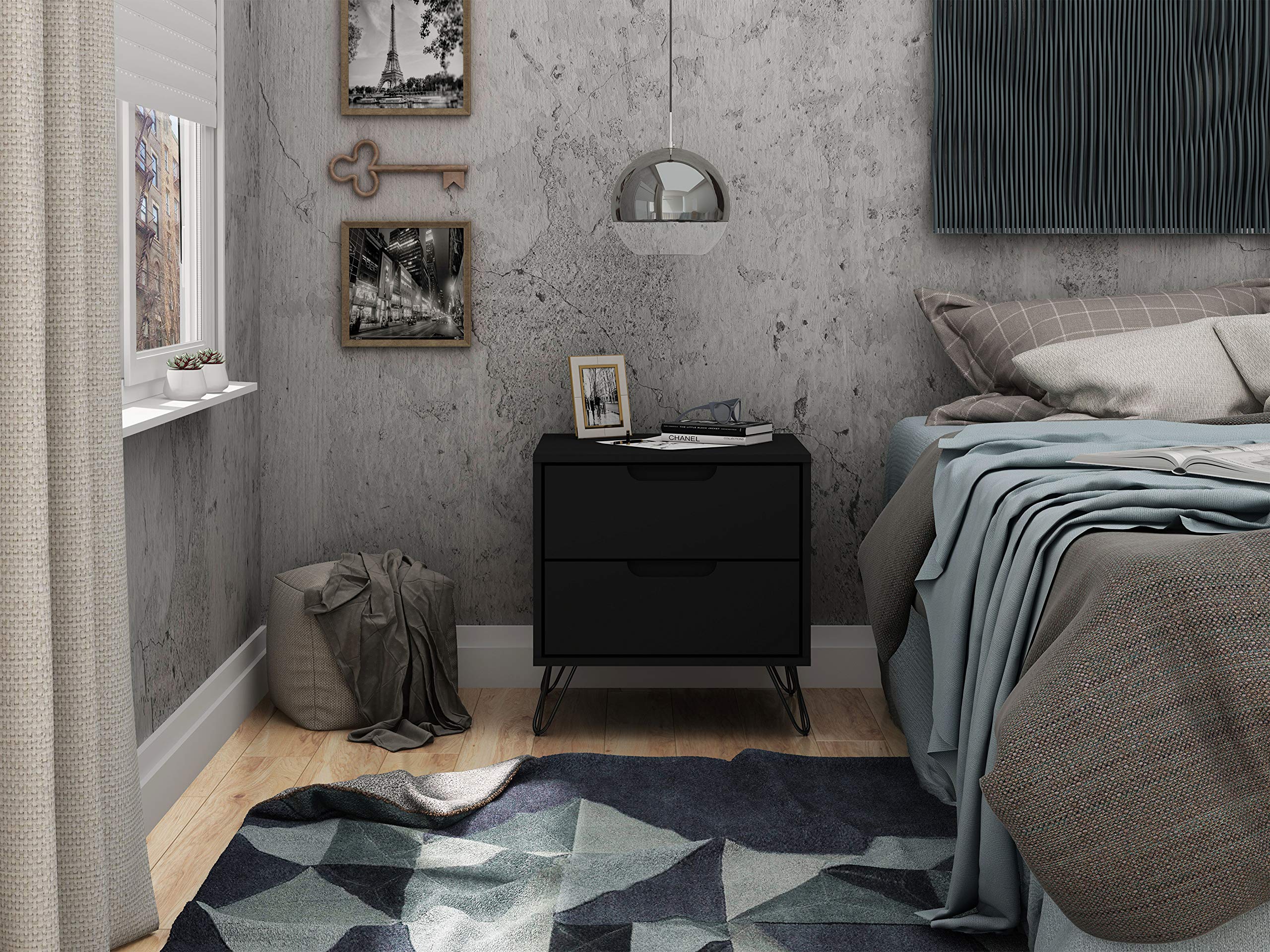 Manhattan Comfort Rockefeller Nightstand with Drawers, Mid Century Modern Bedside Table, Minimalist Display and Storage Organizer, Ideal for Bedroom and Living Room, Black