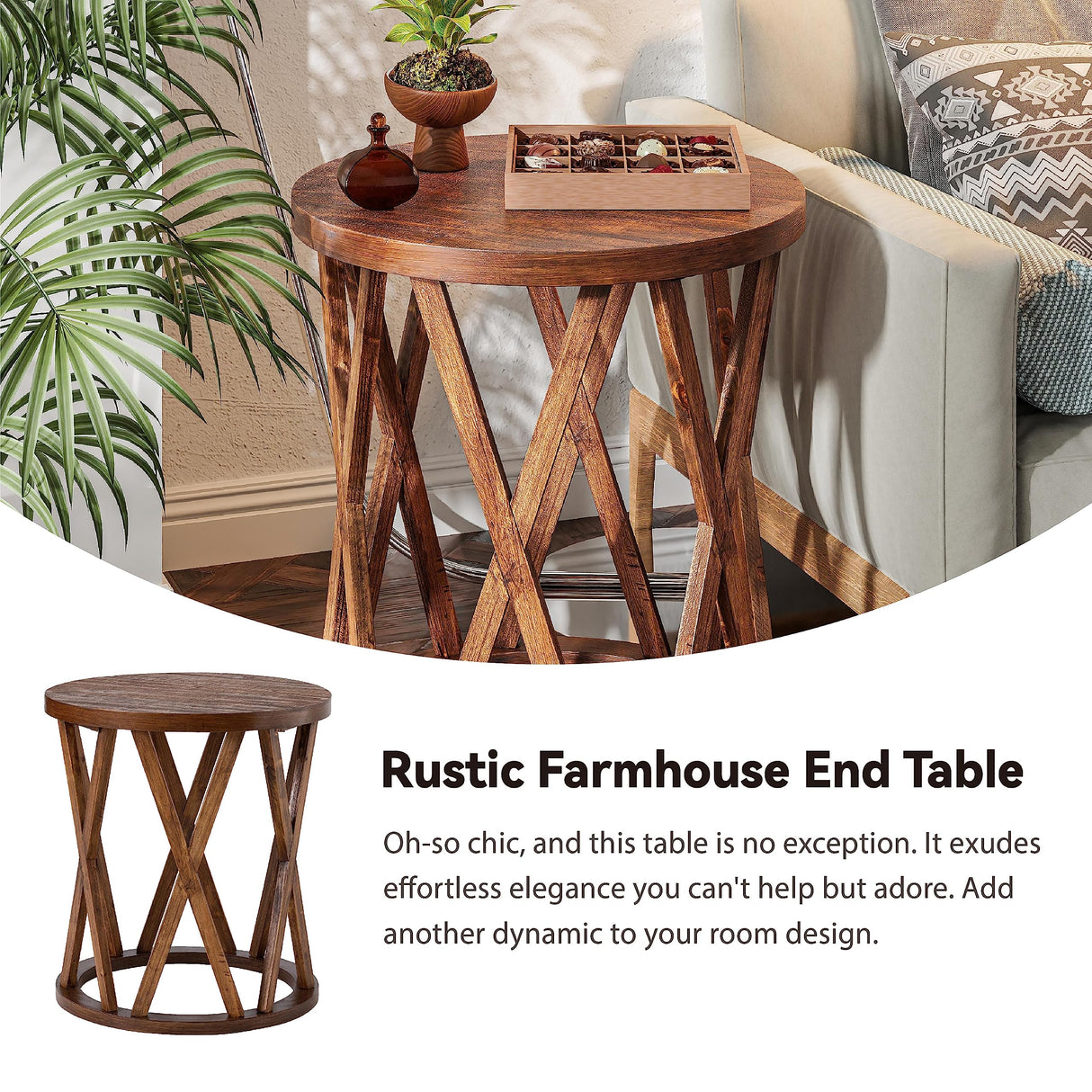 Farmhouse End Table, Rustic Round Side Table with X-Motifs Legs, Wood Textured Top