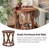 Farmhouse End Table, Rustic Round Side Table with X-Motifs Legs, Wood Textured Top