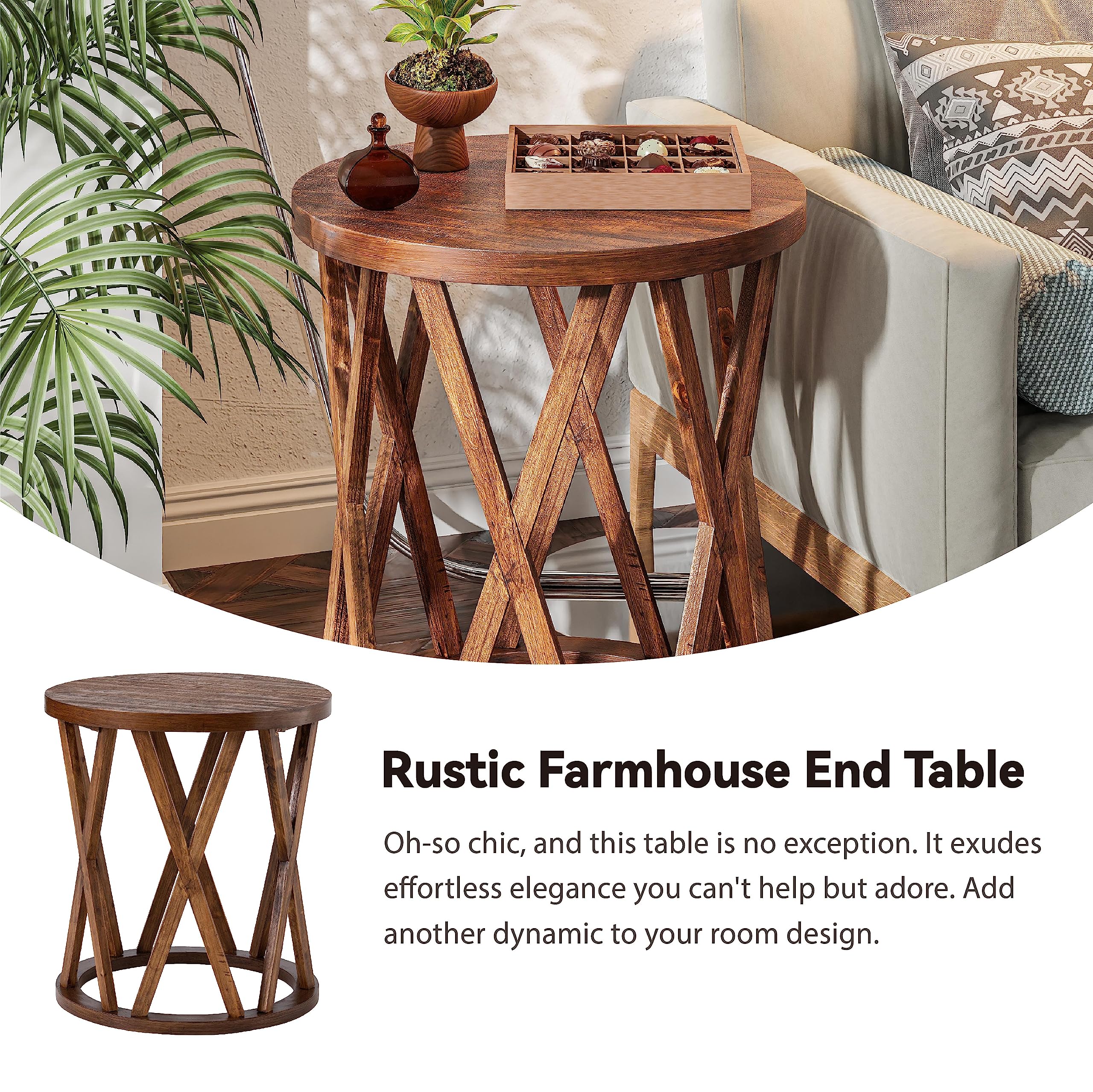 Farmhouse End Table, Rustic Round Side Table with X-Motifs Legs, Wood Textured Top