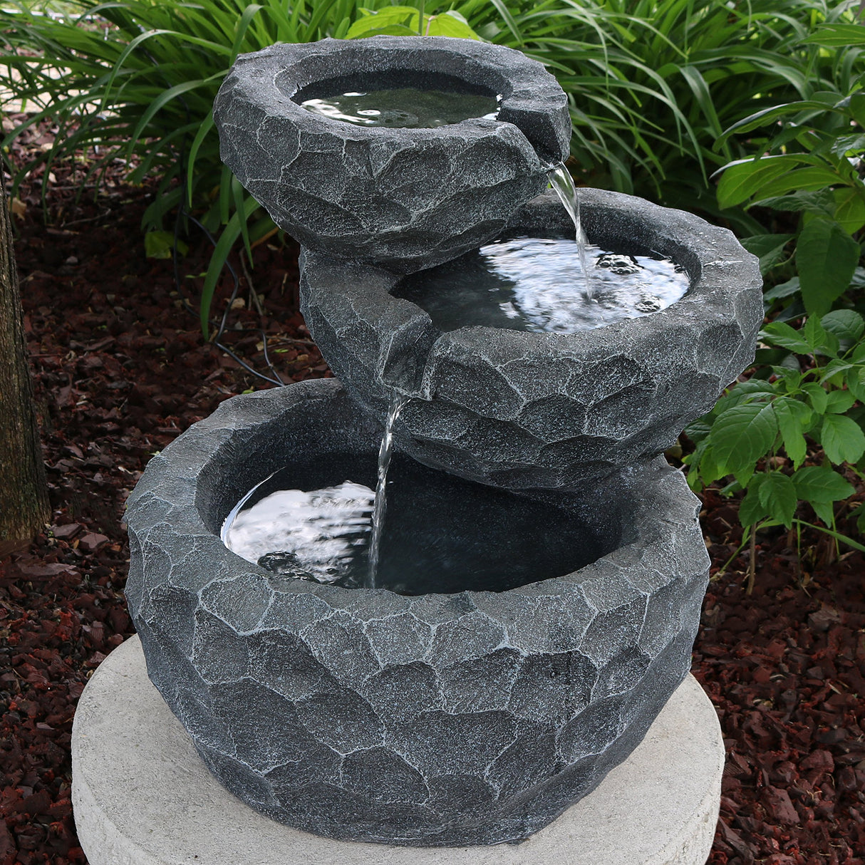 17-Inch 3-Tier Chiseled Basin Solar Fountain with Battery Backup - Submersible Pump