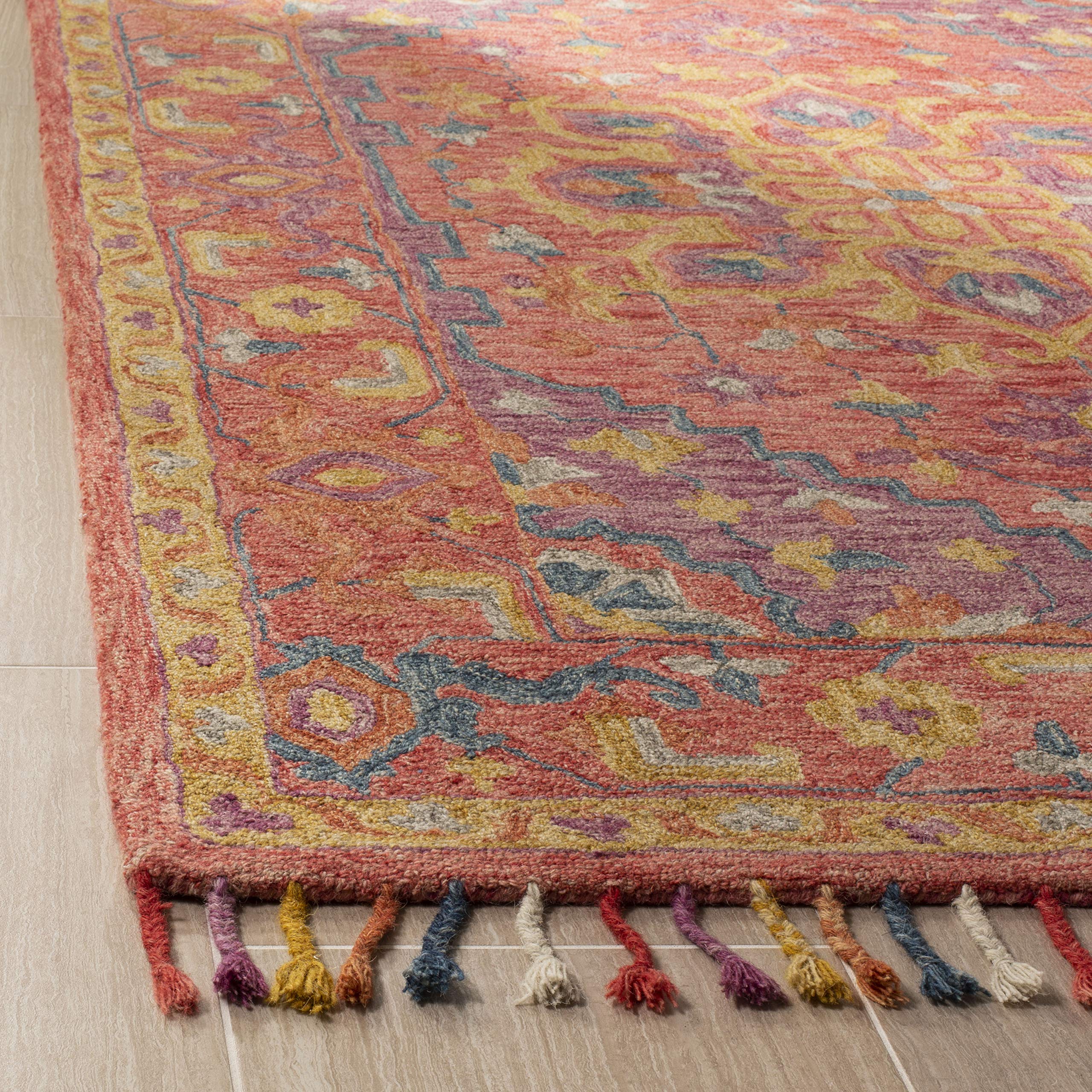 SAFAVIEH Aspen Collection Area Rug - 10' x 14', Pink & Violet, Handmade Boho Braided Tassel Wool, Ideal for High Traffic Areas in Living Room, Bedroom (APN226A)