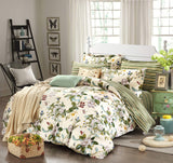 Floral Duvet Cover Set 100% Cotton Green and Beige Striped Shabby Flower Bedding