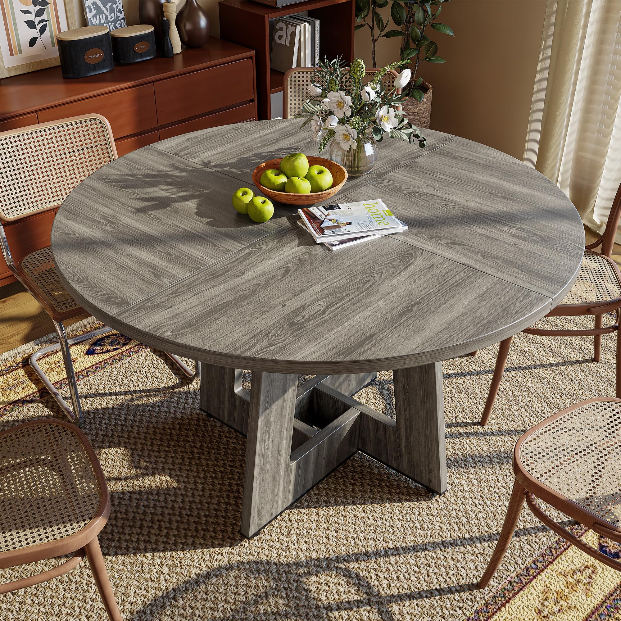 47 Inch Round Dining Table for 4 with Wooden Pedestal Base