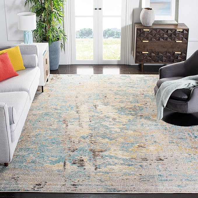 Madison Collection 9' Square Light Blue / Beige MAD457B Modern Abstract Non-Shedding