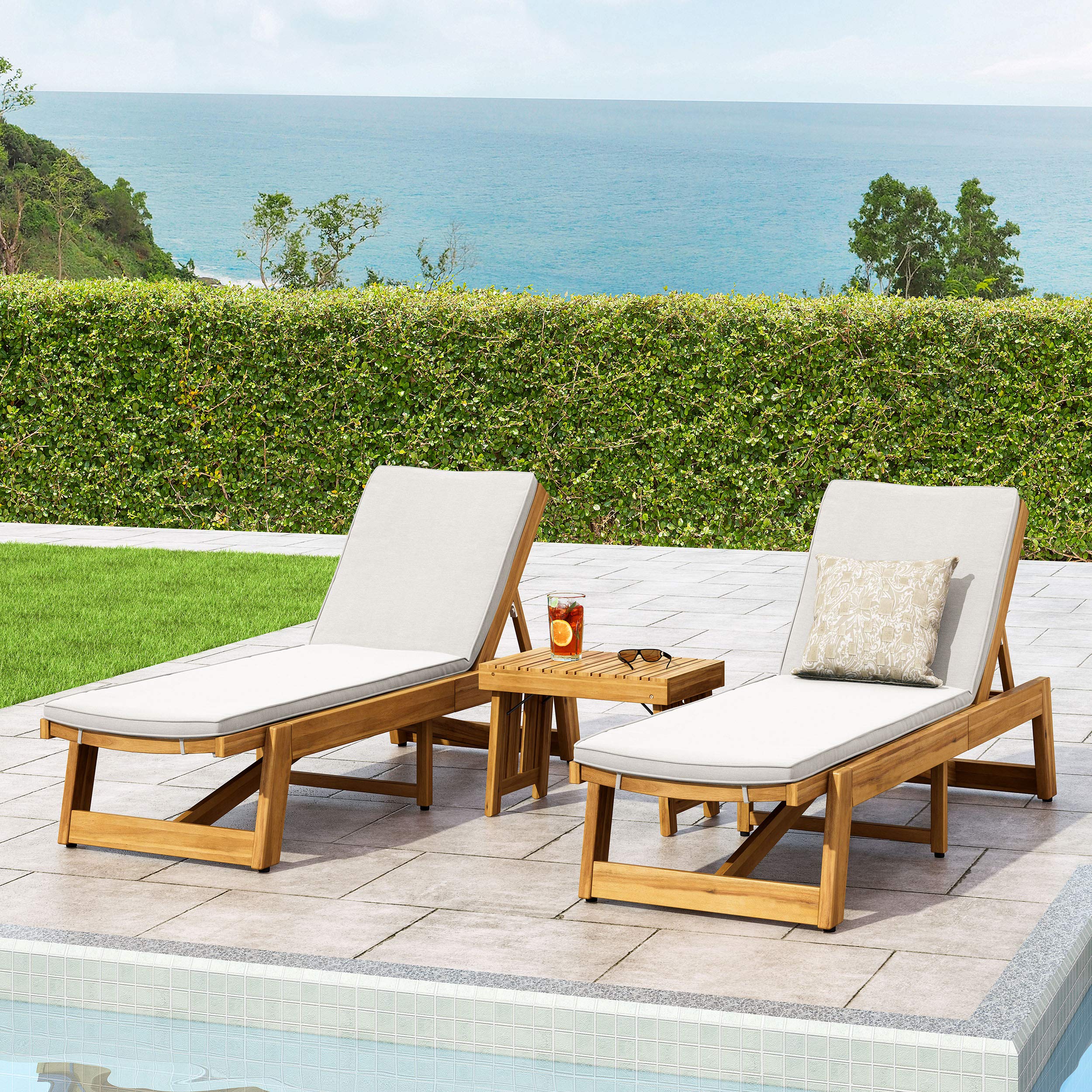 Eugene Outdoor Acacia Wood 3 Piece Chaise Lounge Set, Teak Finish, Yellow, Cream