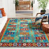 Aspen Collection Area Rug - 9' x 12', Blue & Red, Handmade Boho Tribal Wool, Ideal for High Traffic Areas in Living Room, Bedroom (APN503A)