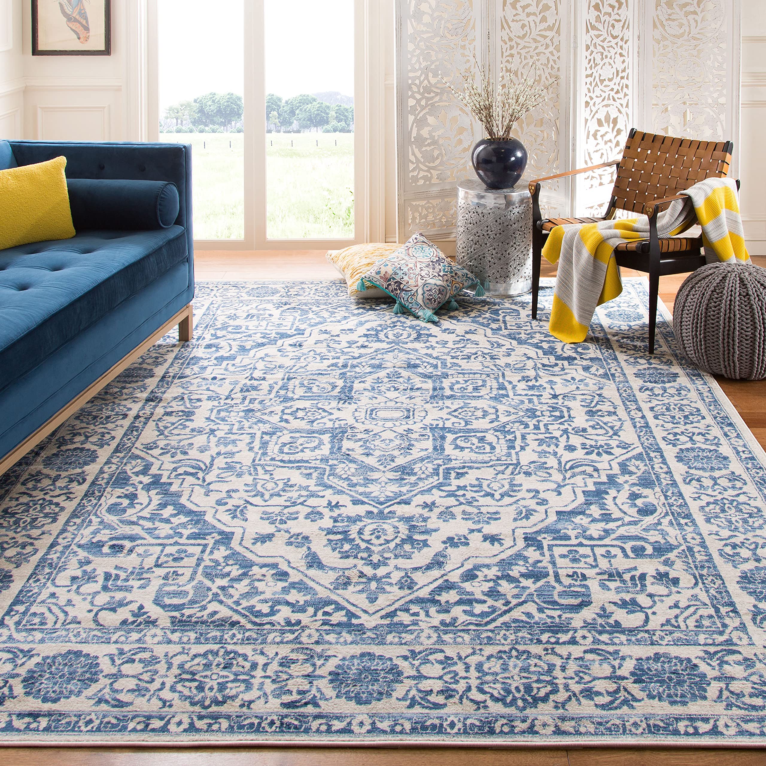 Brentwood Collection Area Rug - 8' x 10', Navy & Light Grey, Medallion Distressed Design