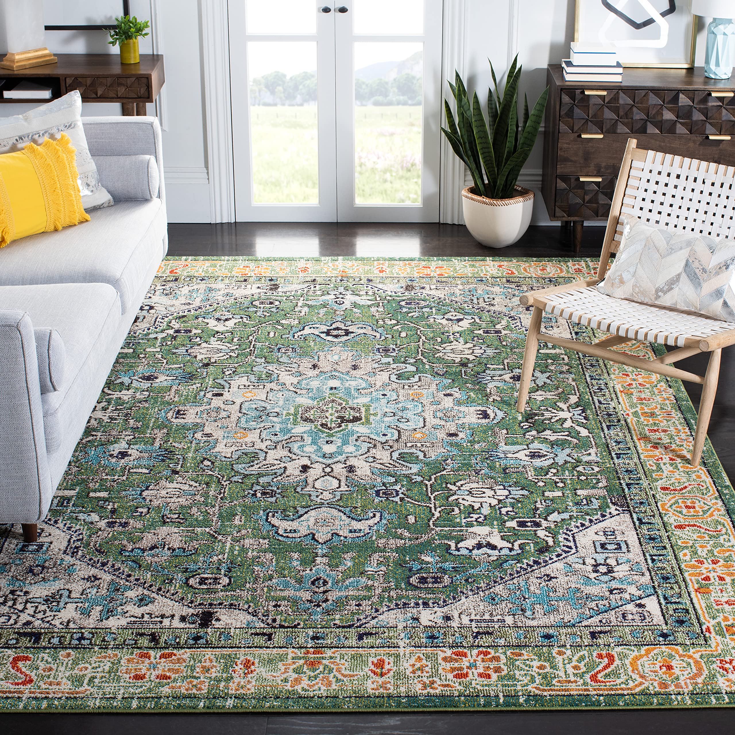 SAFAVIEH Madison Collection Area Rug - 10' x 14', Green & Turquoise, Boho Medallion Distressed Design, Non-Shedding & Easy Care, Ideal for High Traffic Areas in Living Room, Bedroom (MAD474Y)