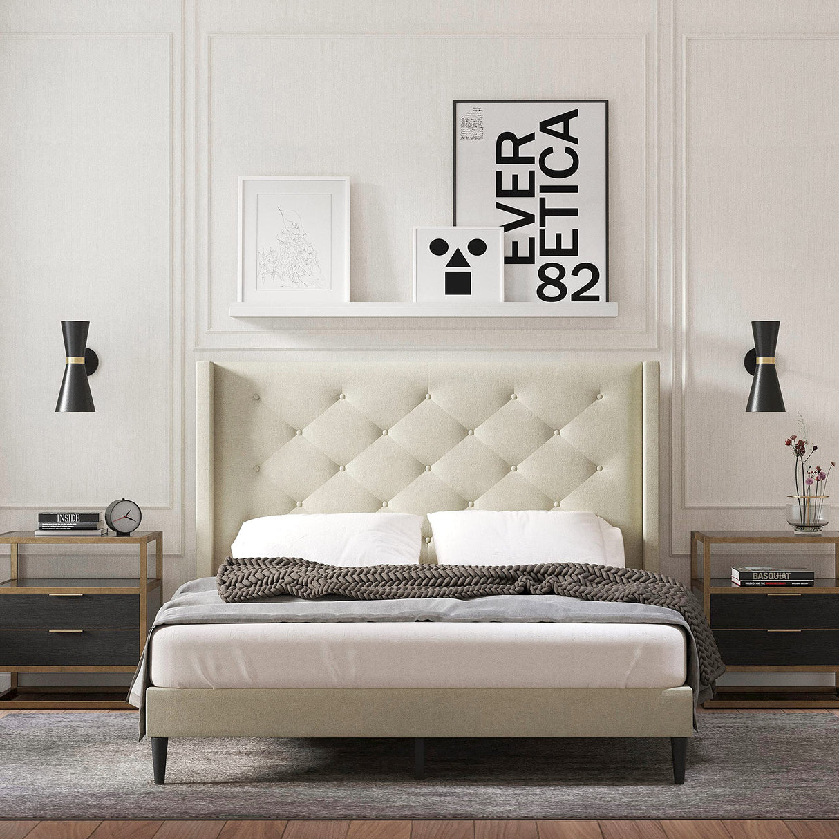 Huppe Upholstered Platform Bed Frame/Button Tufted MCM Wingback/Mattress