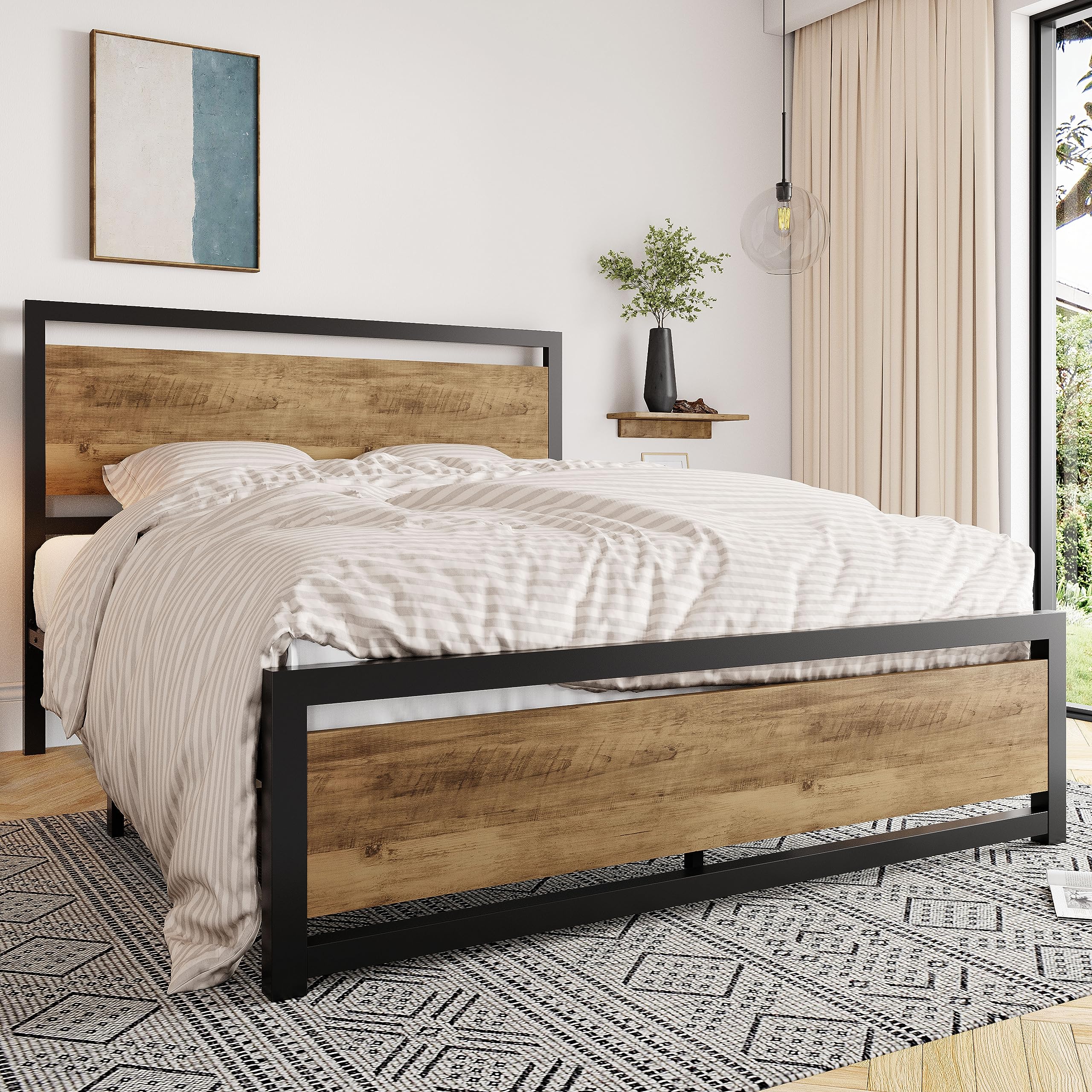 Frame with Headboard, Heavy Duty Metal Platform Base with Strong Support