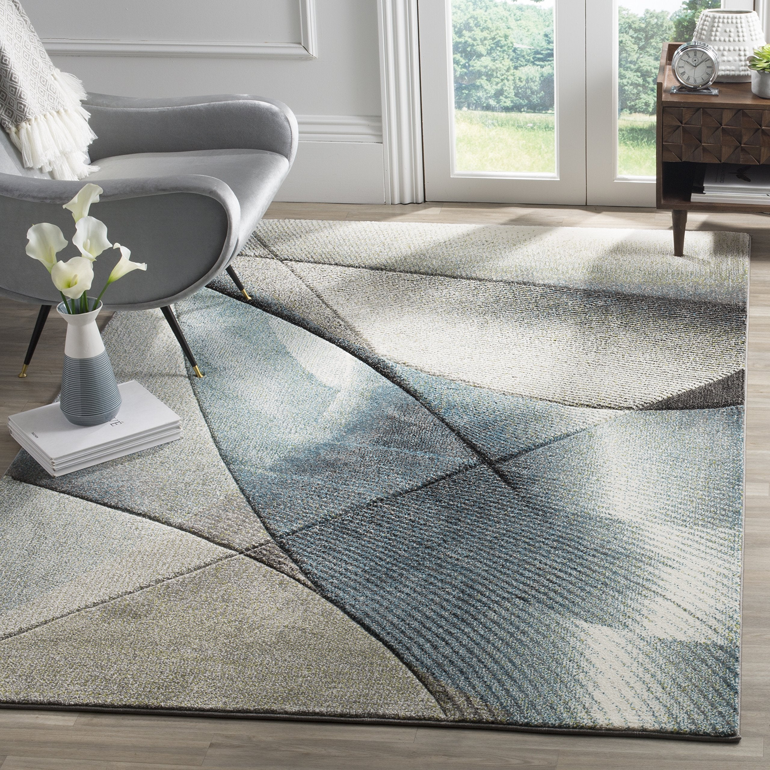 Hollywood Collection Area Rug - 5'3" x 7'6", Grey & Teal, Mid-Century Modern Design