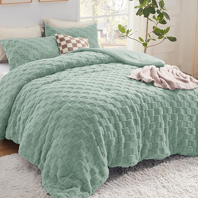 Fluffy Queen Comforter Set, Sage Green Sherpa Fleece Bedding Comforter Set