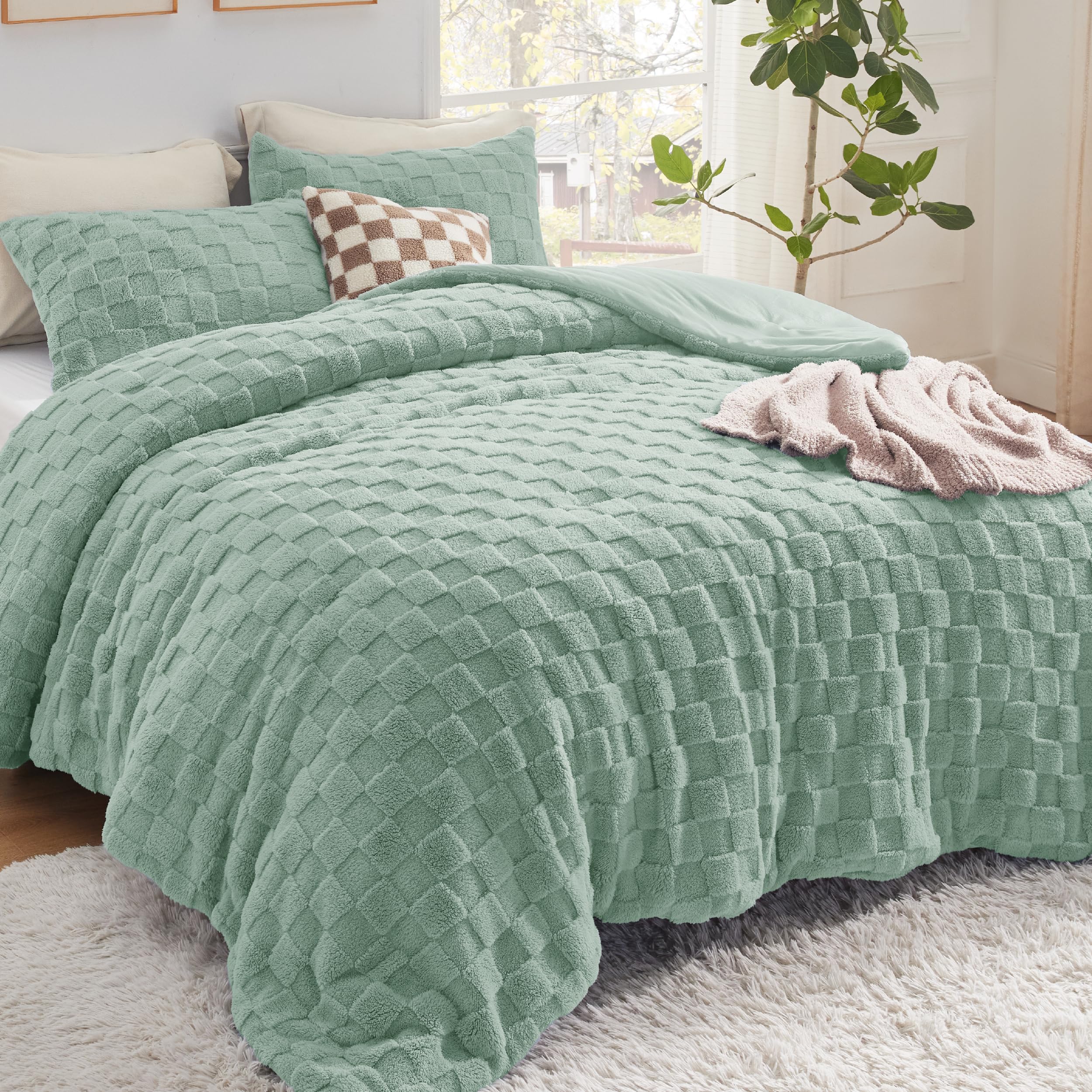 Fluffy Queen Comforter Set, Sage Green Sherpa Fleece Bedding Comforter Set