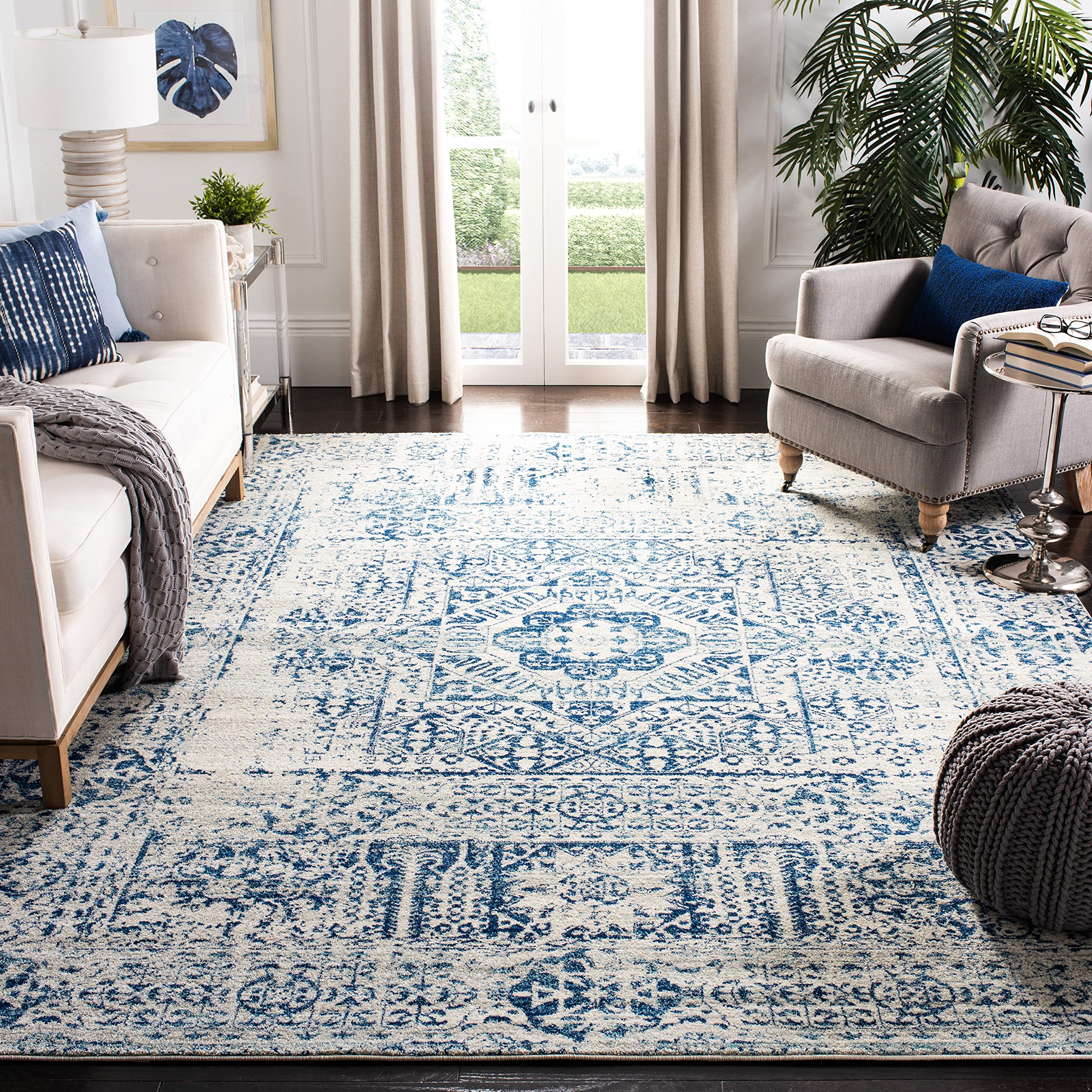 Evoke Collection 8' x 10' Ivory/Blue EVK260C Oriental Medallion Distressed Non-Shedding