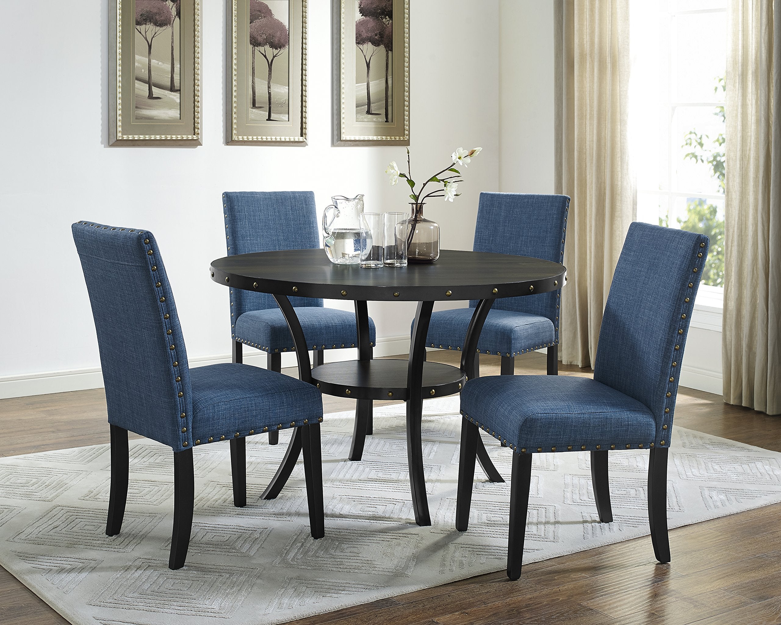 Biony Espresso Wood Dining Set with Blue Nailhead Chairs