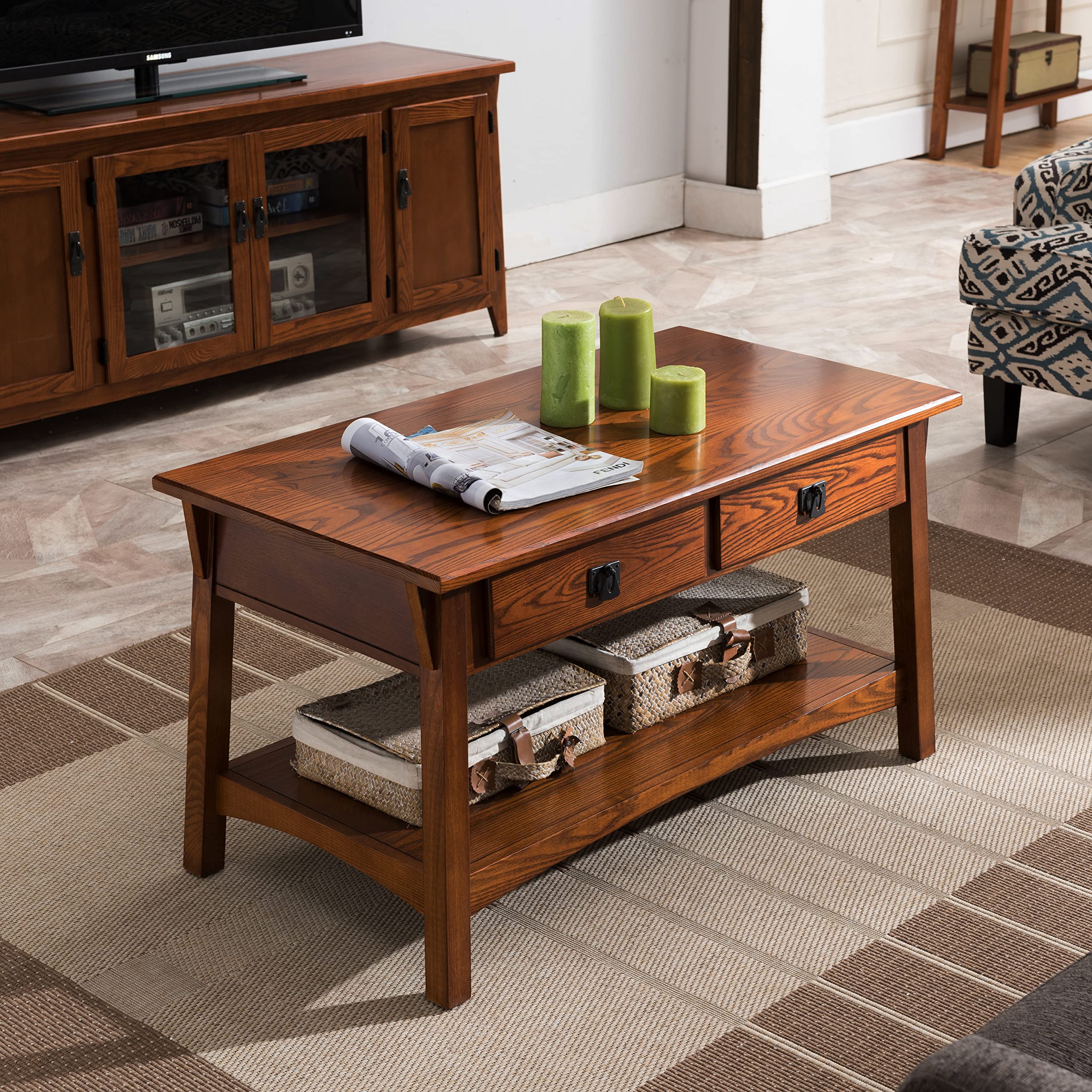 10055-RS Mission Coffee Table for Living Room, Two Drawers and Shelf