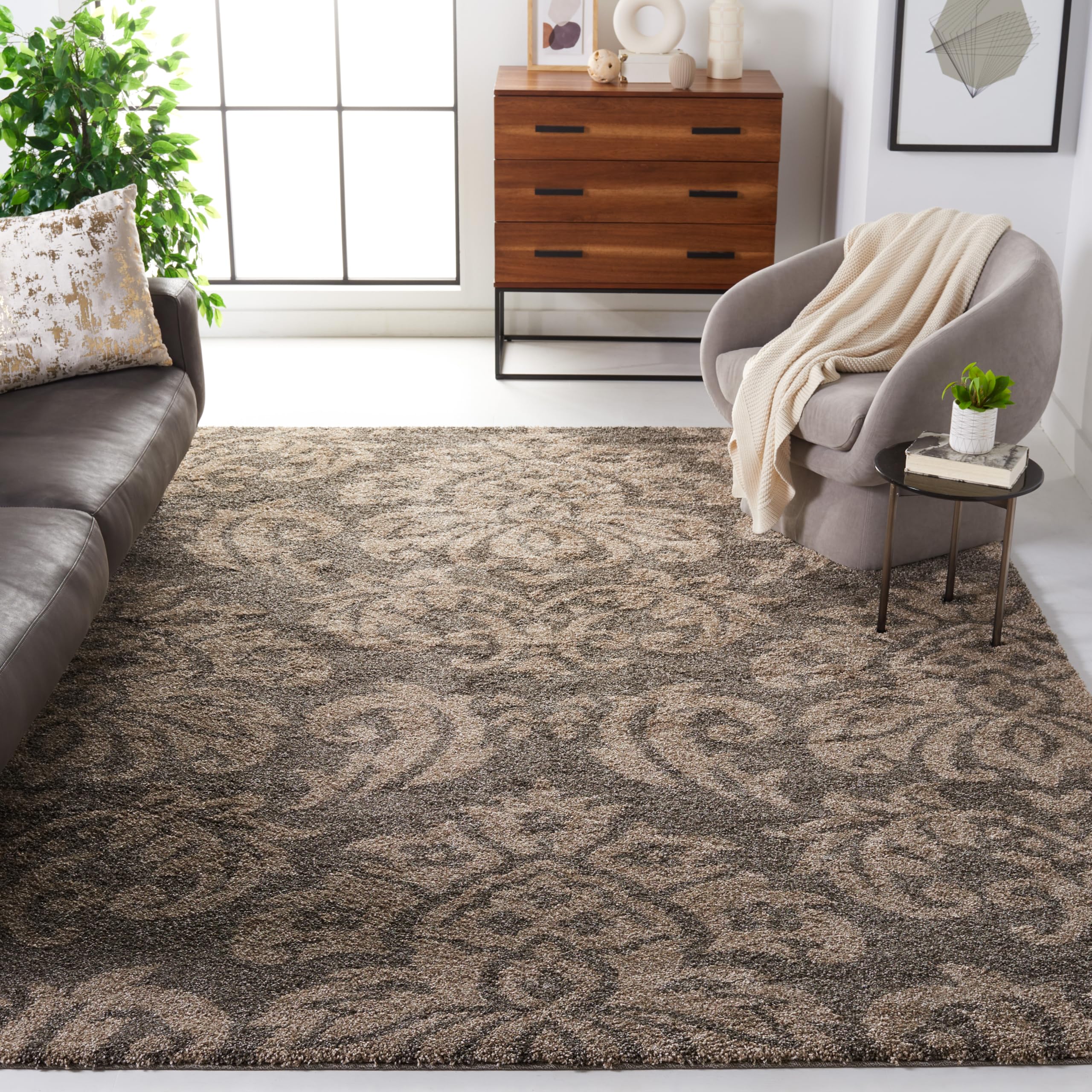 SAFAVIEH Florida Shag Collection Area Rug - 8'6" x 12', Smoke & Beige, Damask Design, Non-Shedding & Easy Care, 1.2-inch Thick Ideal for High Traffic Areas in Living Room, Bedroom (SG460-7913)