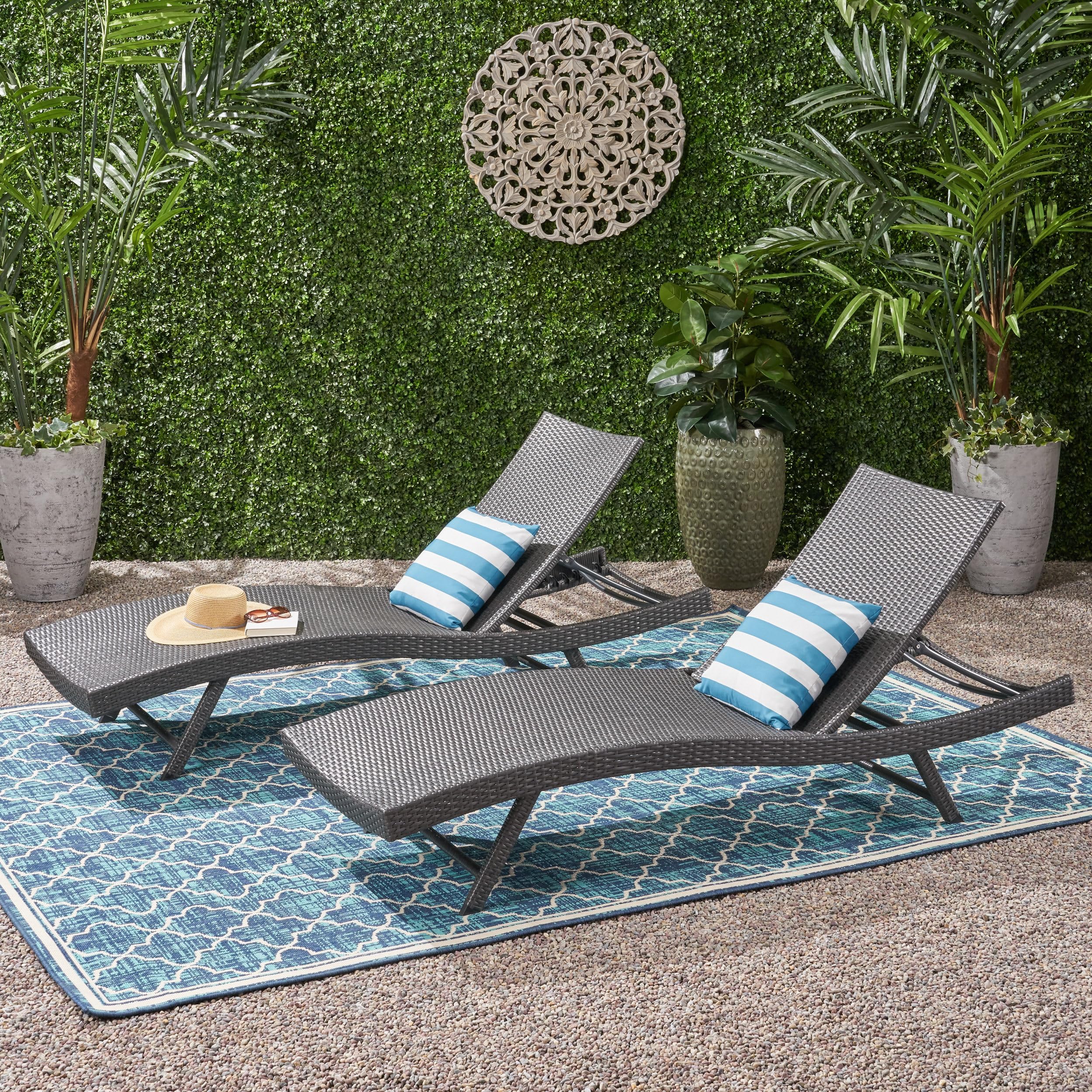 PE Rattan Chaise Lounge Set of 2, Modern Outdoor Wicker Reclining Lounge Chair