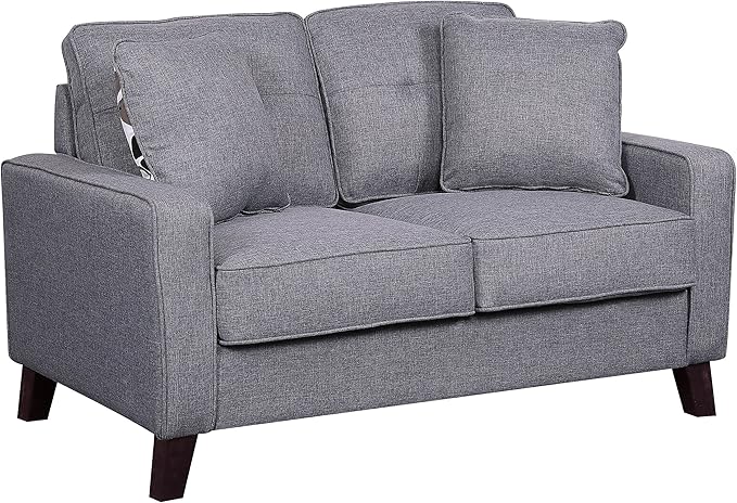 Lillana Linen Upholstered Mid-Century Modern Loveseat with Two Accent Pillows, Beige