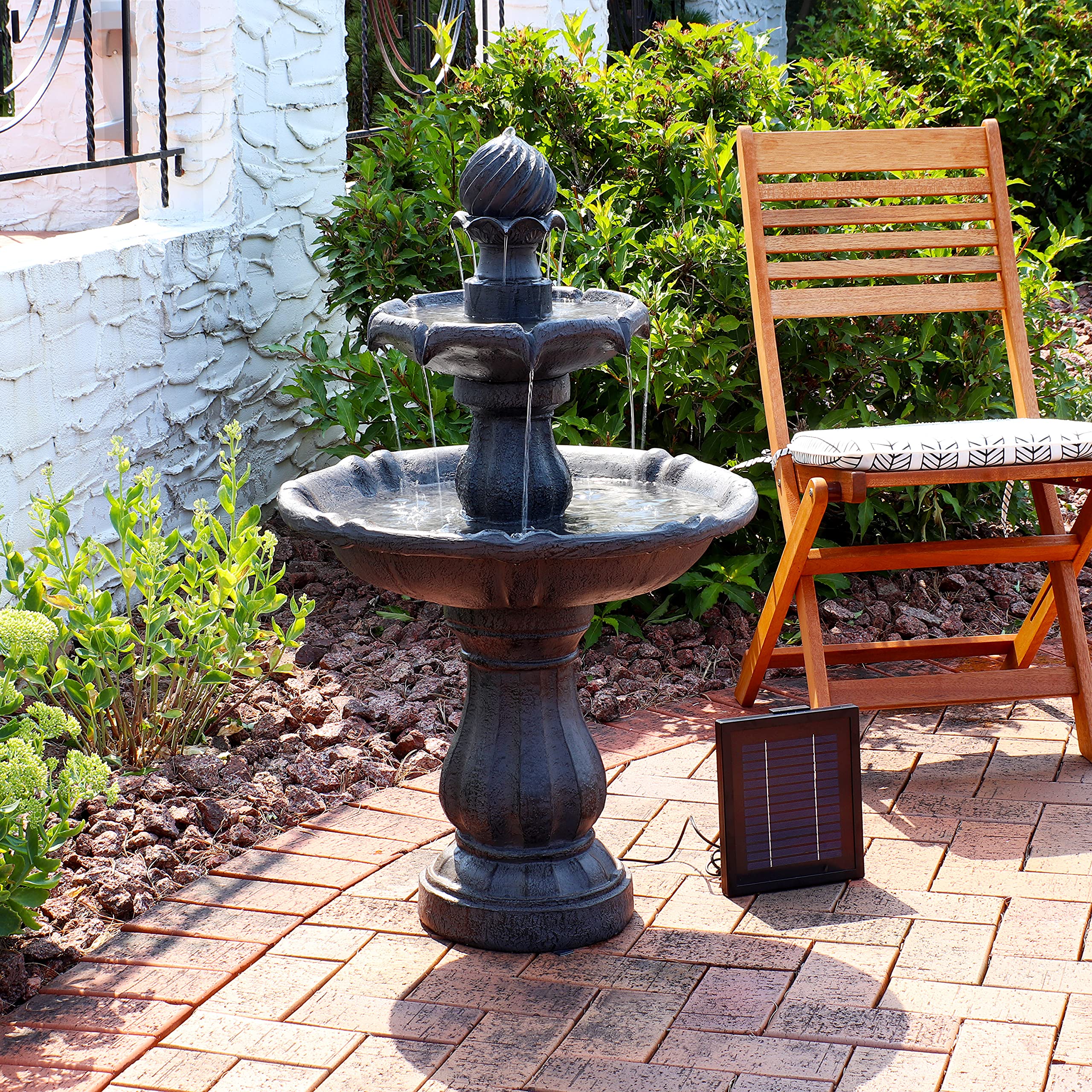 35" 2-Tier Solar Water Fountain - Outdoor Water Fountain with Battery Backup and Pump - Black