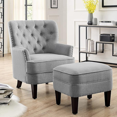 Accent Chair and Ottoman Set - Button Tufted Armchair for Living Room, Bedroom