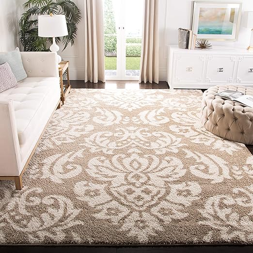 Florida Shag Area Rug 8'6" x 12' - Smoke & Beige Damask