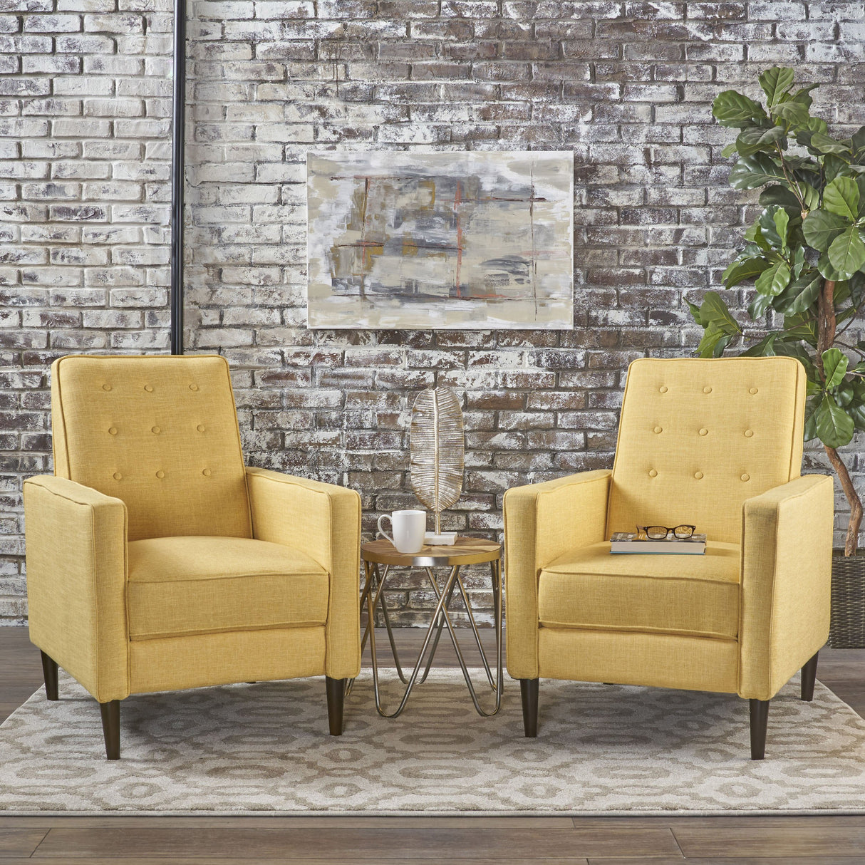 Mervynn Mid-Century Modern Fabric Recliners, 2-Pcs Set, Muted Yellow / Dark Espresso