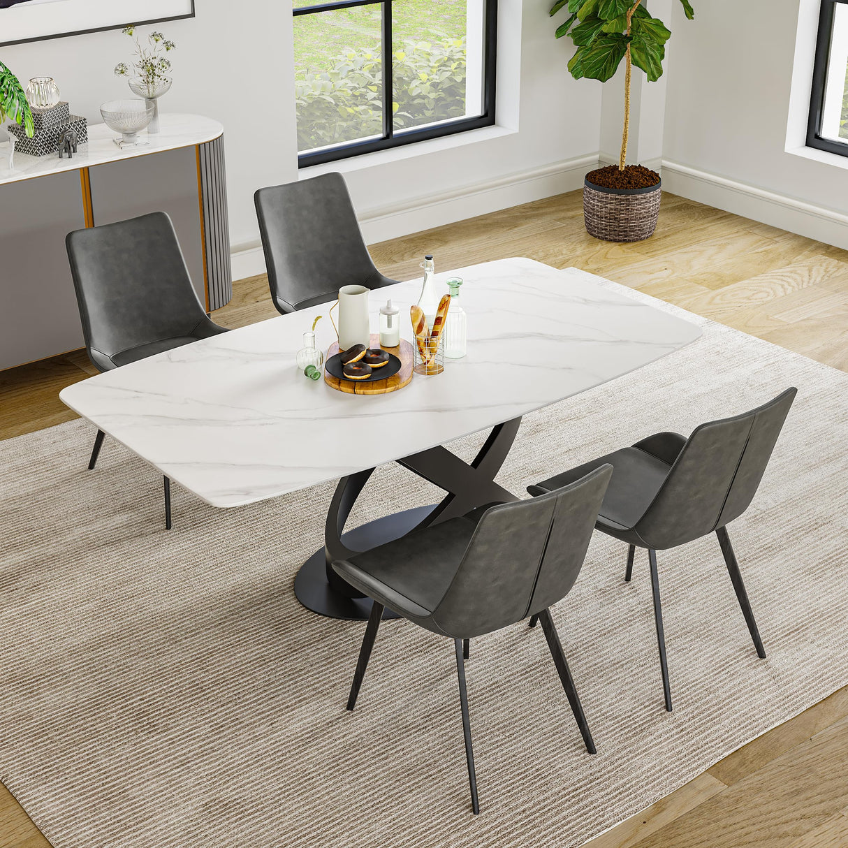 Modern Dining Table for 6, Matte White Dining Table Sintered Stone Dining Table Top with X-Shape Carbon Steel Pedestal Table,