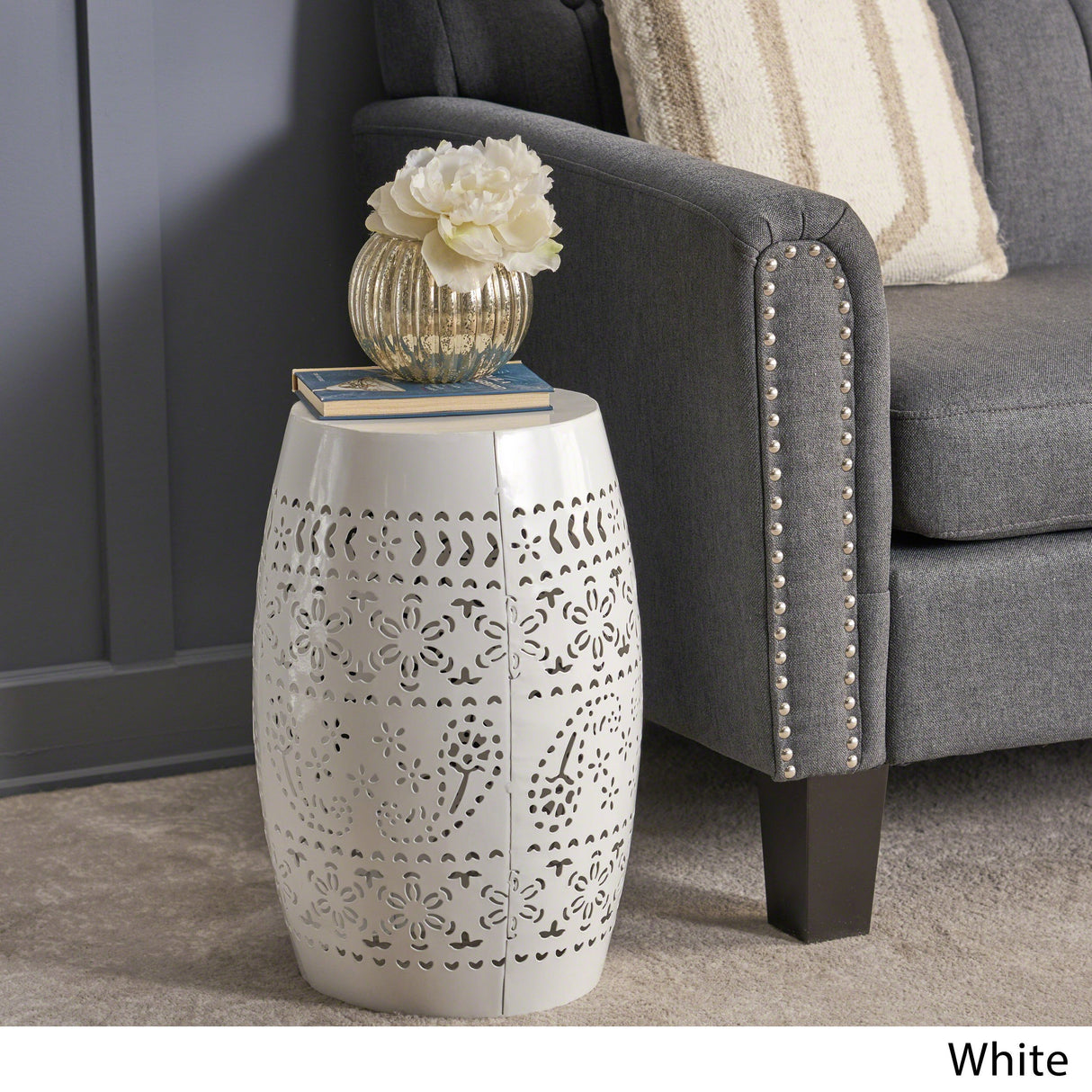 Apollos Indoor Lace Cut Iron Accent Table, White, 12.25D x 12.25W x 18H in