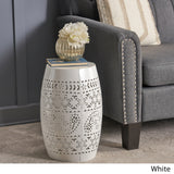 Apollos Indoor Lace Cut Iron Accent Table, White, 12.25D x 12.25W x 18H in